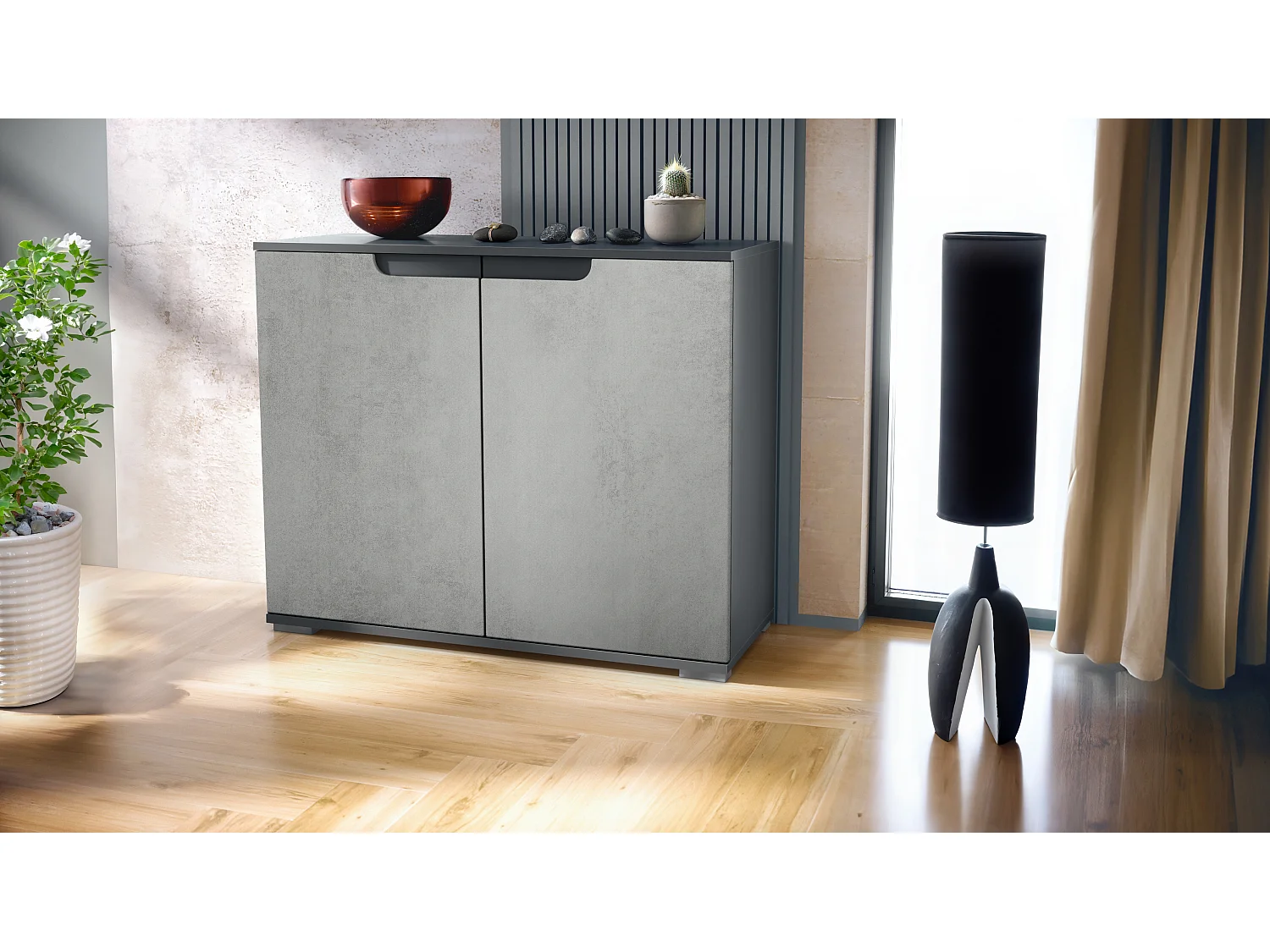 Commode Sylt V3, Buffet de Cuisine Moderne avec 2 Grandes Portes anthracite mat / aspect béton oxyde (92,5 x 75.5 x 35)