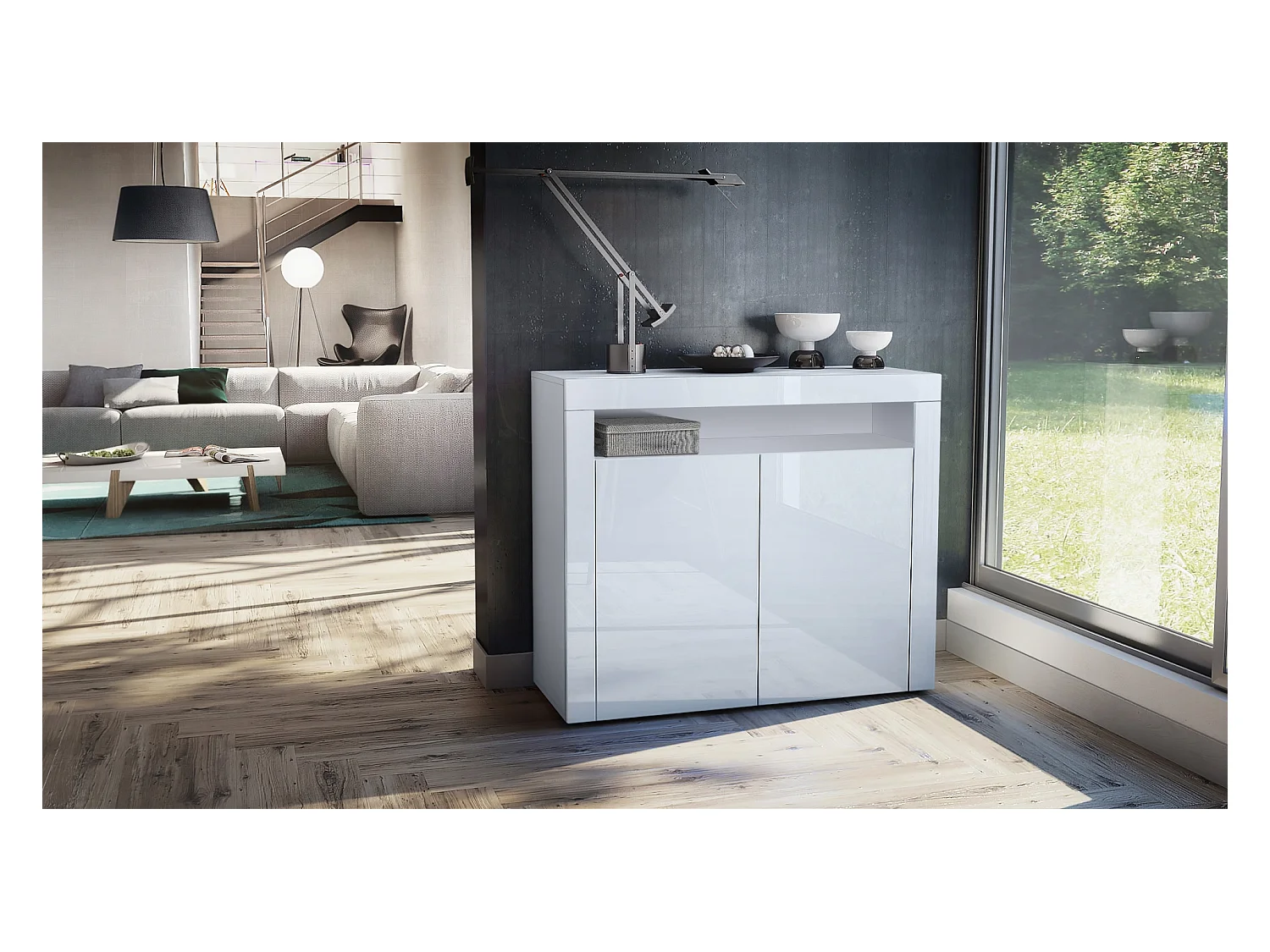 Buffet Valencia, Commode avec 2 portes et 1 compartiment ouvert, Blanc mat/blanc haute brillance/blanc haute brillance (108 x 92 x 40 cm)