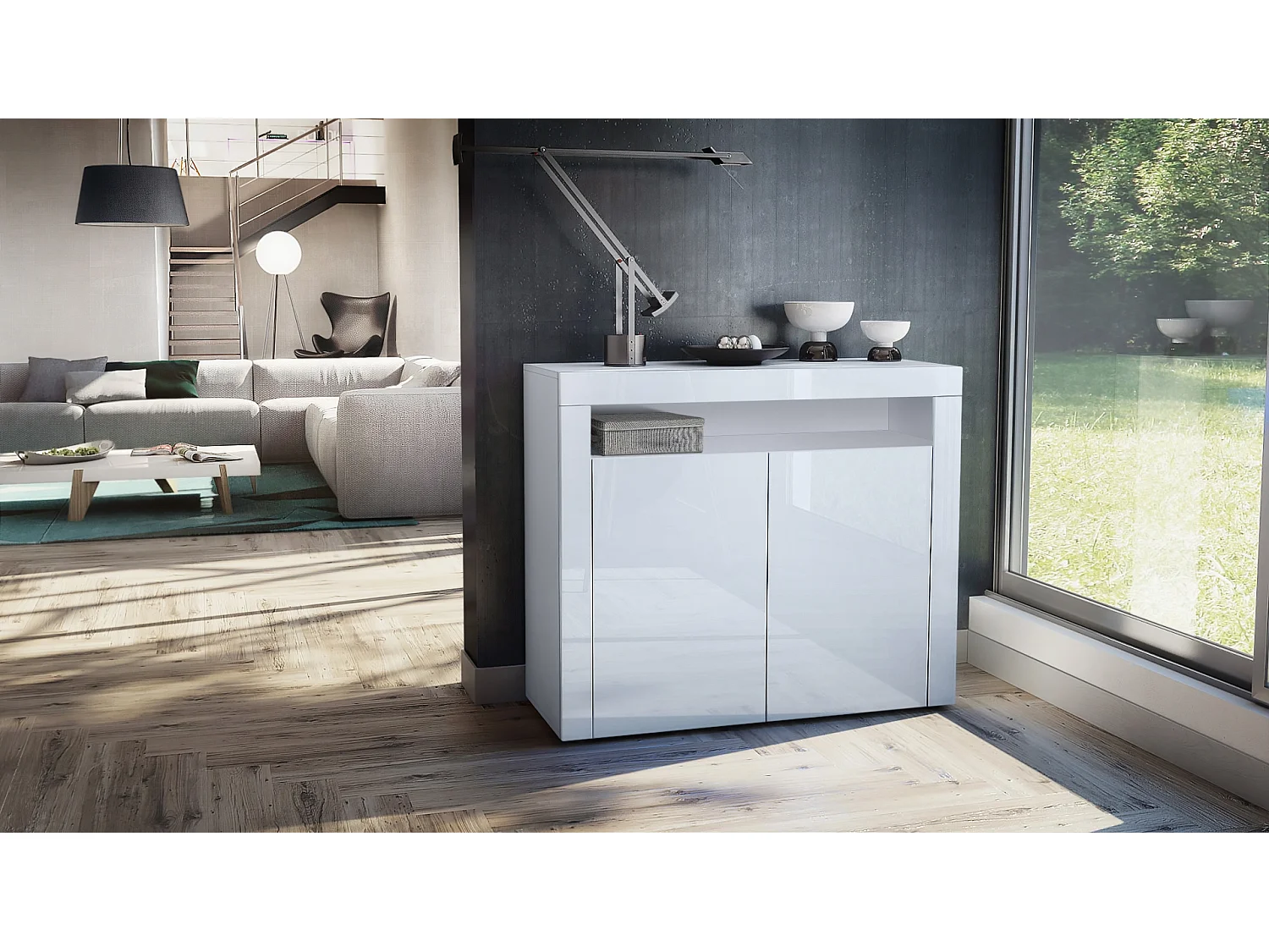 Mobiletto Valencia, credenza con 2 ante e 1 scomparto aperto, bianco opaco/bianco lucido/bianco lucido (108 x 92 x 40 cm)