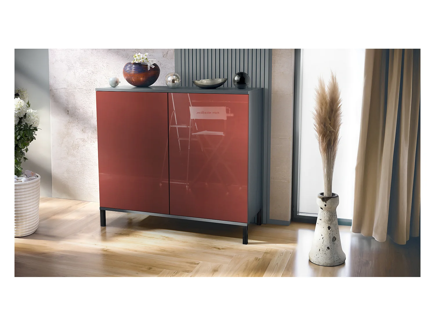 Commode Skadu V3, Buffet de Cuisine Moderne avec 2 Grandes Portes anthracite mat / bordeaux haute brillance (92,5 x 83.5 x 35)