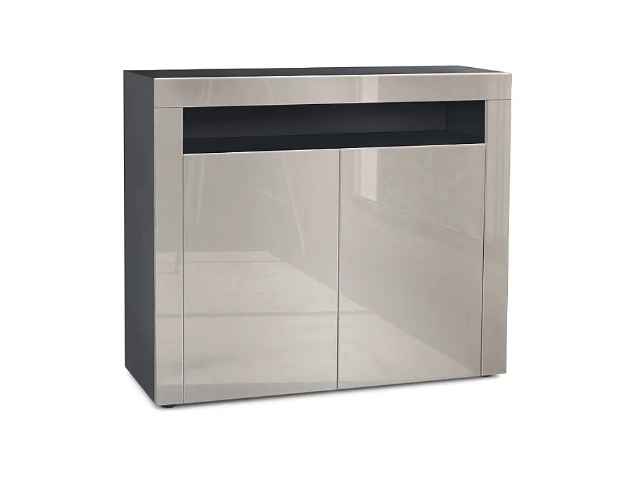 Buffet Valencia, Commode avec 2 portes et 1 compartiment ouvert, Noir mat/gris sable haute brillance/gris sable haute brillance (108 x 92 x 40 cm)