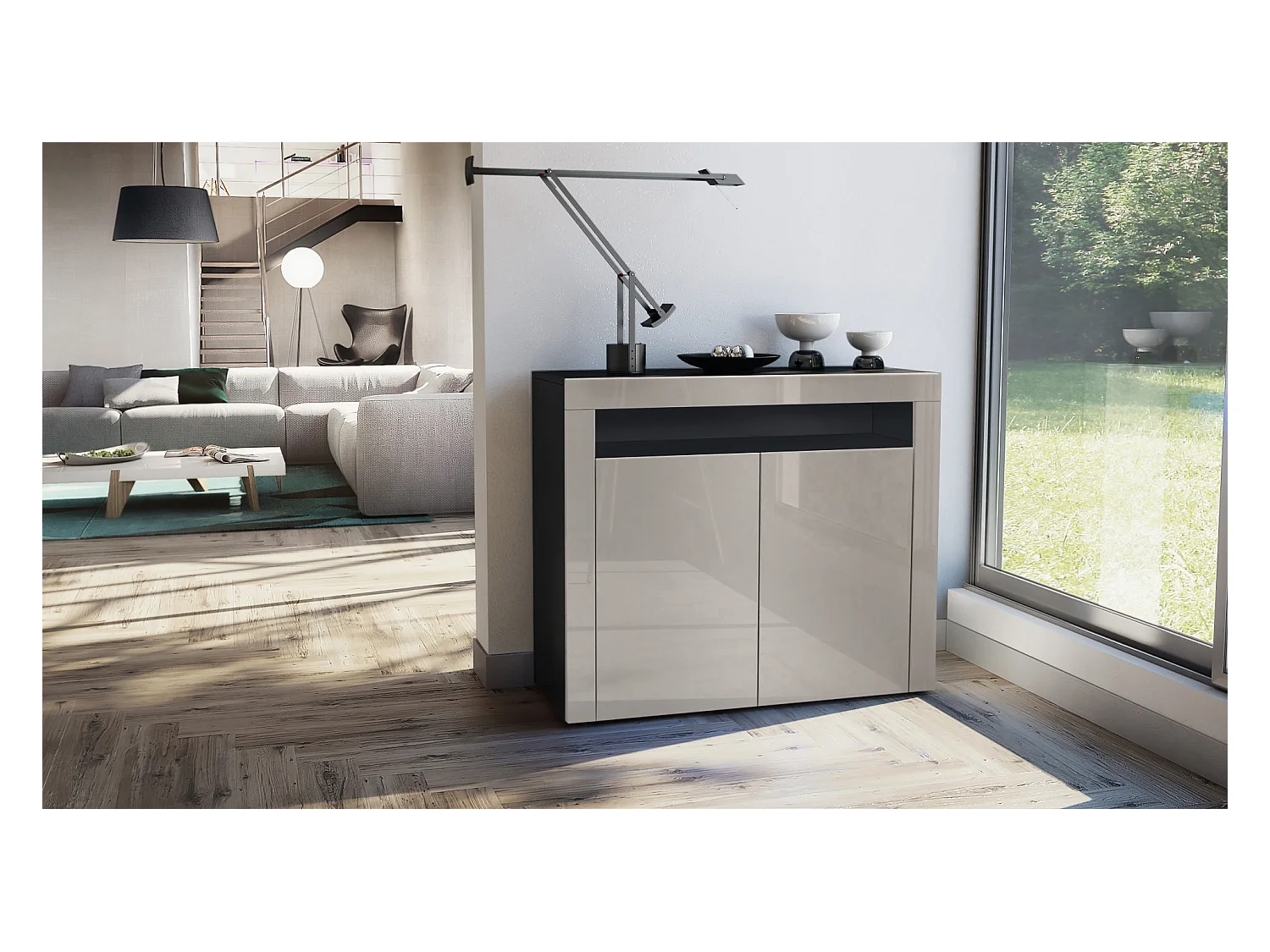 Buffet Valencia, Commode avec 2 portes et 1 compartiment ouvert, Noir mat/gris sable haute brillance/gris sable haute brillance (108 x 92 x 40 cm)