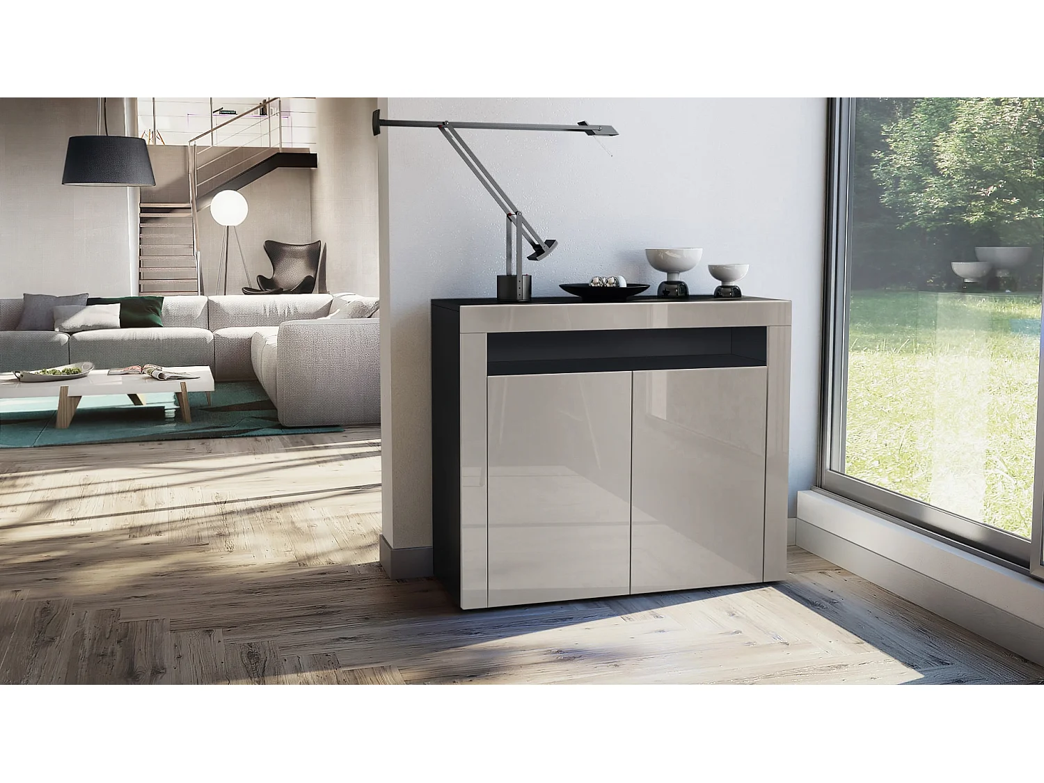 Mobiletto  City, credenza con 2 ante e 1 scomparto aperto, nero opaco/grigio sabbia lucido/grigio sabbia lucido (108 x 92 x 40 cm)