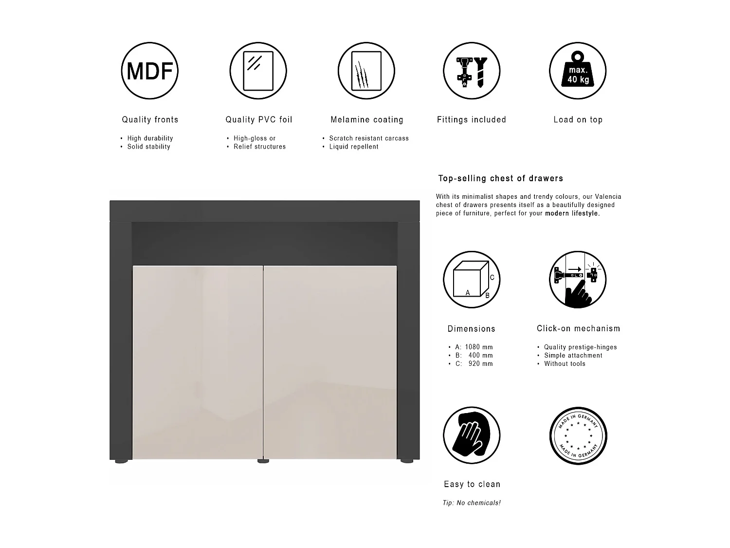 Mobiletto  City, credenza con 2 ante e 1 scomparto aperto, nero opaco/grigio sabbia lucido/grigio sabbia lucido (108 x 92 x 40 cm)