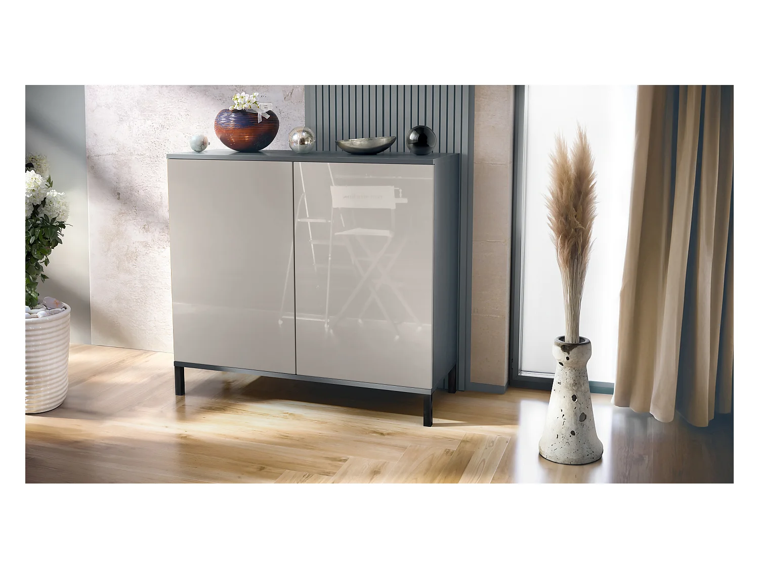 Commode Skadu V3, Buffet de Cuisine Moderne avec 2 Grandes Portes anthracite mat / gris sable haute brillance (92,5 x 83.5 x 35)