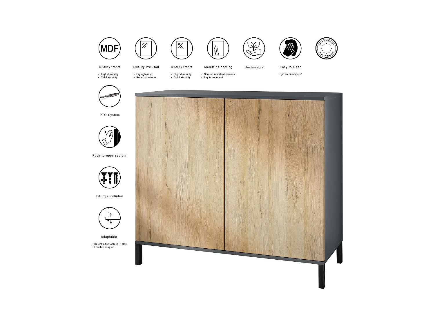 Commode Skadu V3, Buffet de Cuisine Moderne avec 2 Grandes Portes anthracite mat / gris sable haute brillance (92,5 x 83.5 x 35)