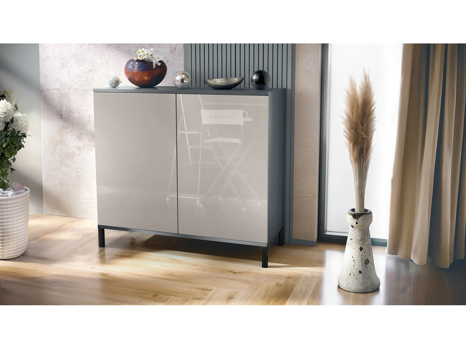 Commode Skadu V3, Buffet de Cuisine Moderne avec 2 Grandes Portes anthracite mat / gris sable haute brillance (92,5 x 83.5 x 35)