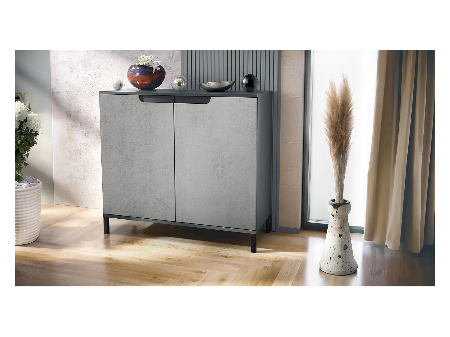 Commode Sylt V3, Buffet de Cuisine Moderne avec 2 Grandes Portes anthracite mat / aspect béton oxyde (92,5 x 83.5 x 35)