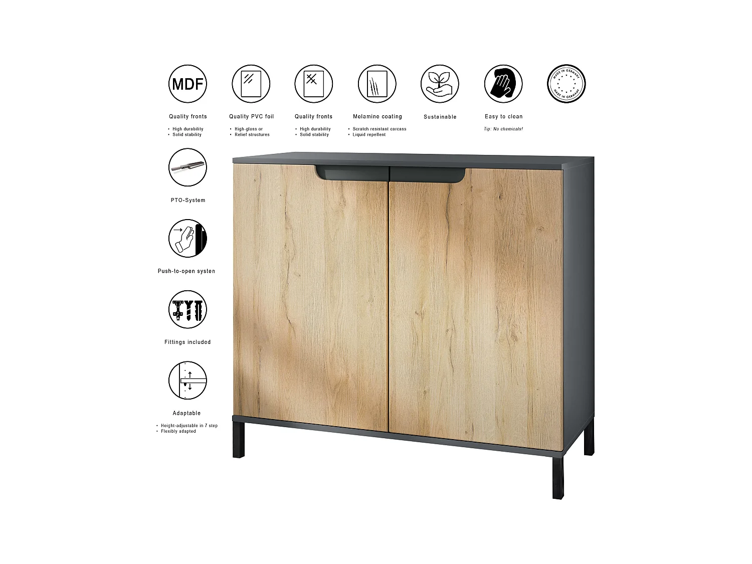 Commode Sylt V3, Buffet de Cuisine Moderne avec 2 Grandes Portes anthracite mat / aspect béton oxyde (92,5 x 83.5 x 35)