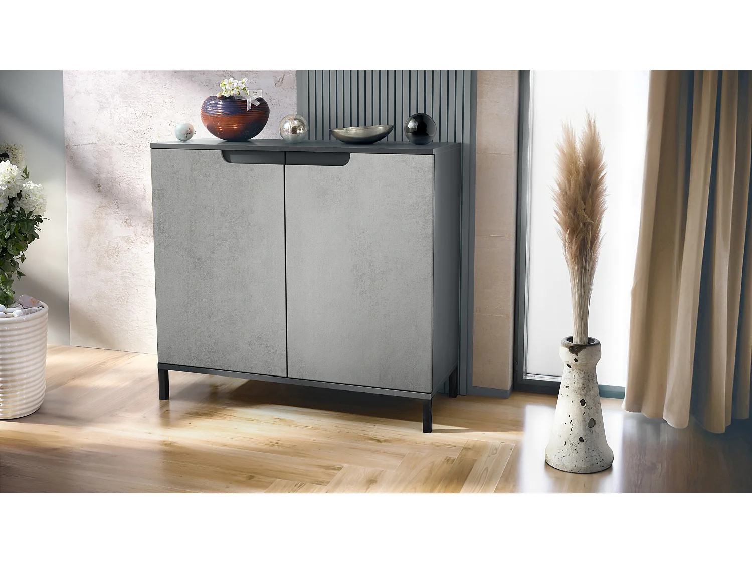 Credenza Sylt V3, Mobile da Cucina Moderno con 2 Grandi Ante antracite opaco  / ottica cermento ossido (92,5 x 83.5 x 35)