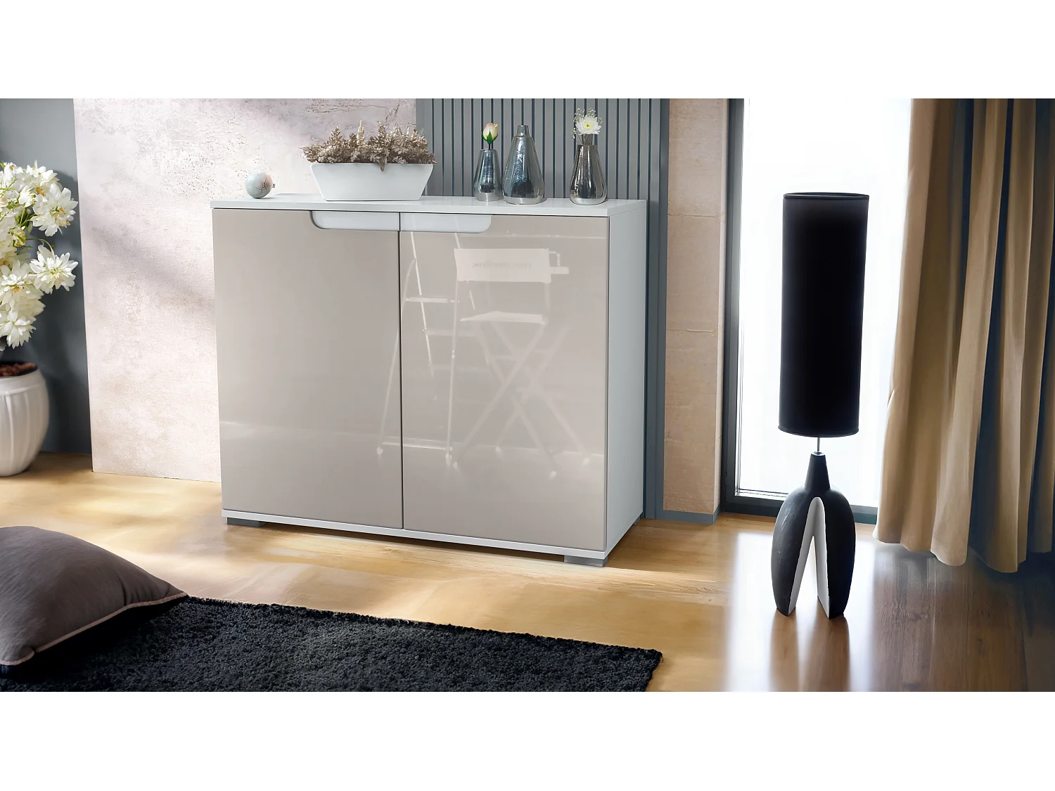 Aparador Sylt V3, Armario de Cocina Moderno con 2 Puertas Grandes blanco mate / gris arena de alto brillo (92,5 x 75.5 x 35)