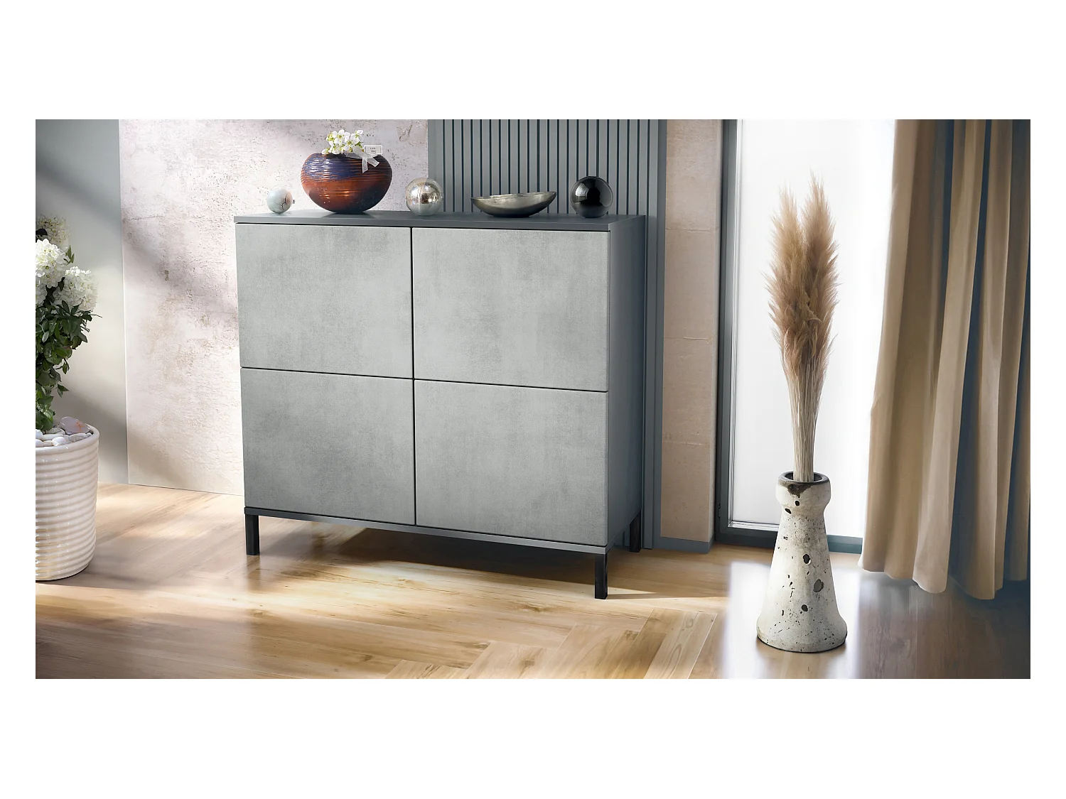 Buffet Rova V3 – Meuble de cuisine moderne avec 4 portes Push-to-Open anthracite mat / aspect béton oxyde (92,5 x 83.5 x 35)