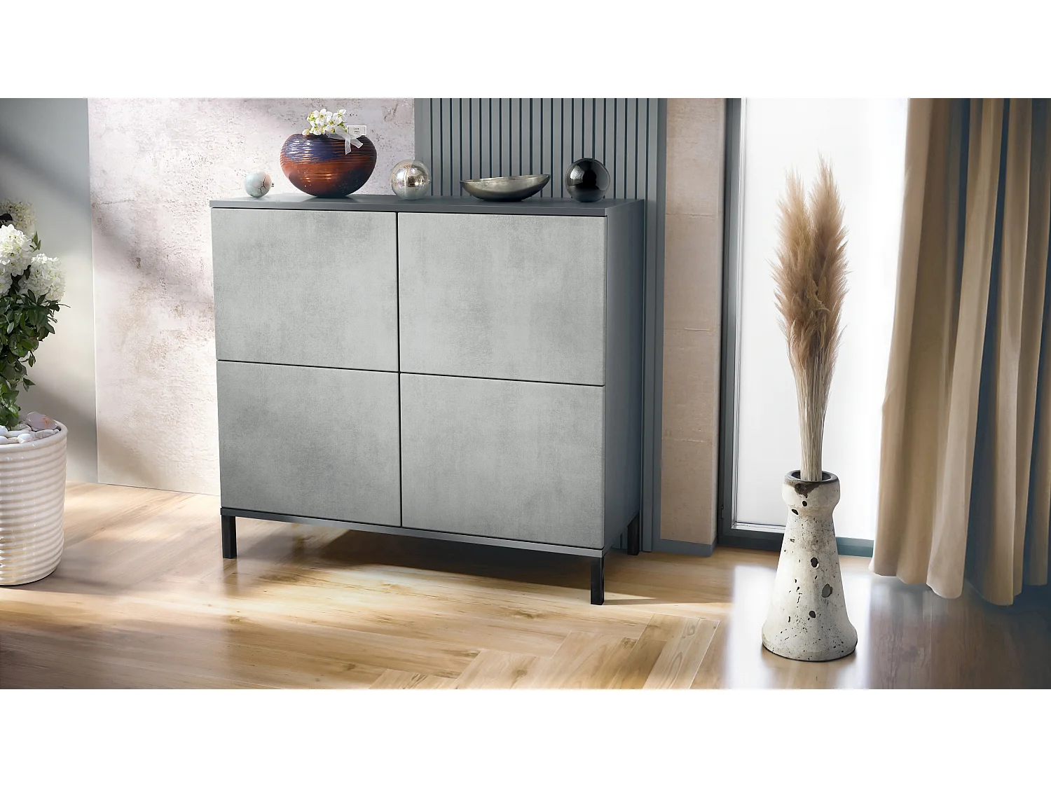 Credenza Rova V3 – Mobile da cucina moderno con 4 ante Push-to-Open antracite opaco  / ottica cermento ossido (92,5 x 83.5 x 35)
