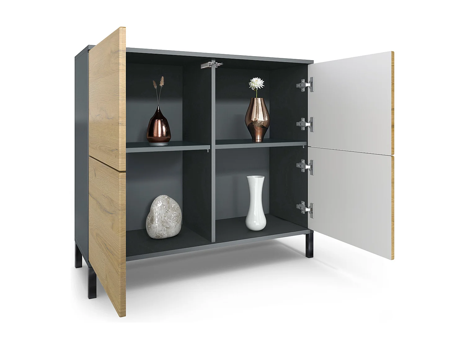 Credenza Rova V3 – Mobile da cucina moderno con 4 ante Push-to-Open antracite opaco  / ottica cermento ossido (92,5 x 83.5 x 35)