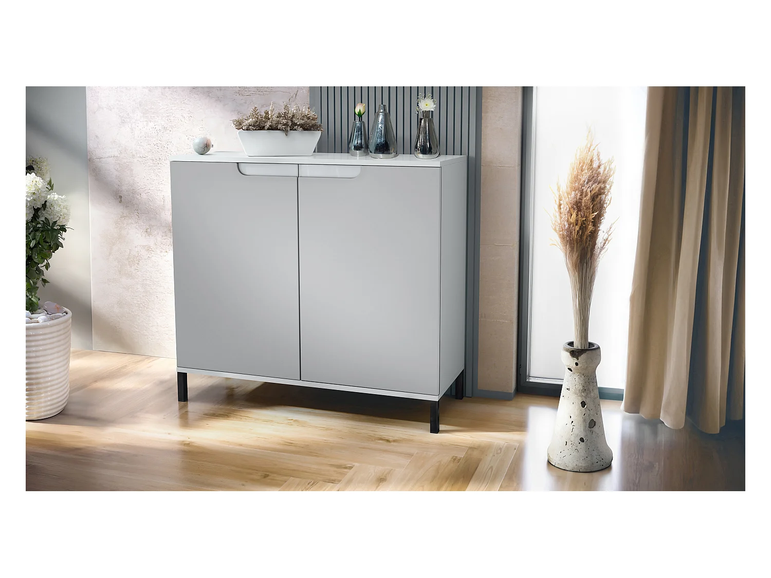 Commode Sylt V3, Buffet de Cuisine Moderne avec 2 Grandes Portes blanc mat / gris clair satiné mat (92,5 x 83.5 x 35)