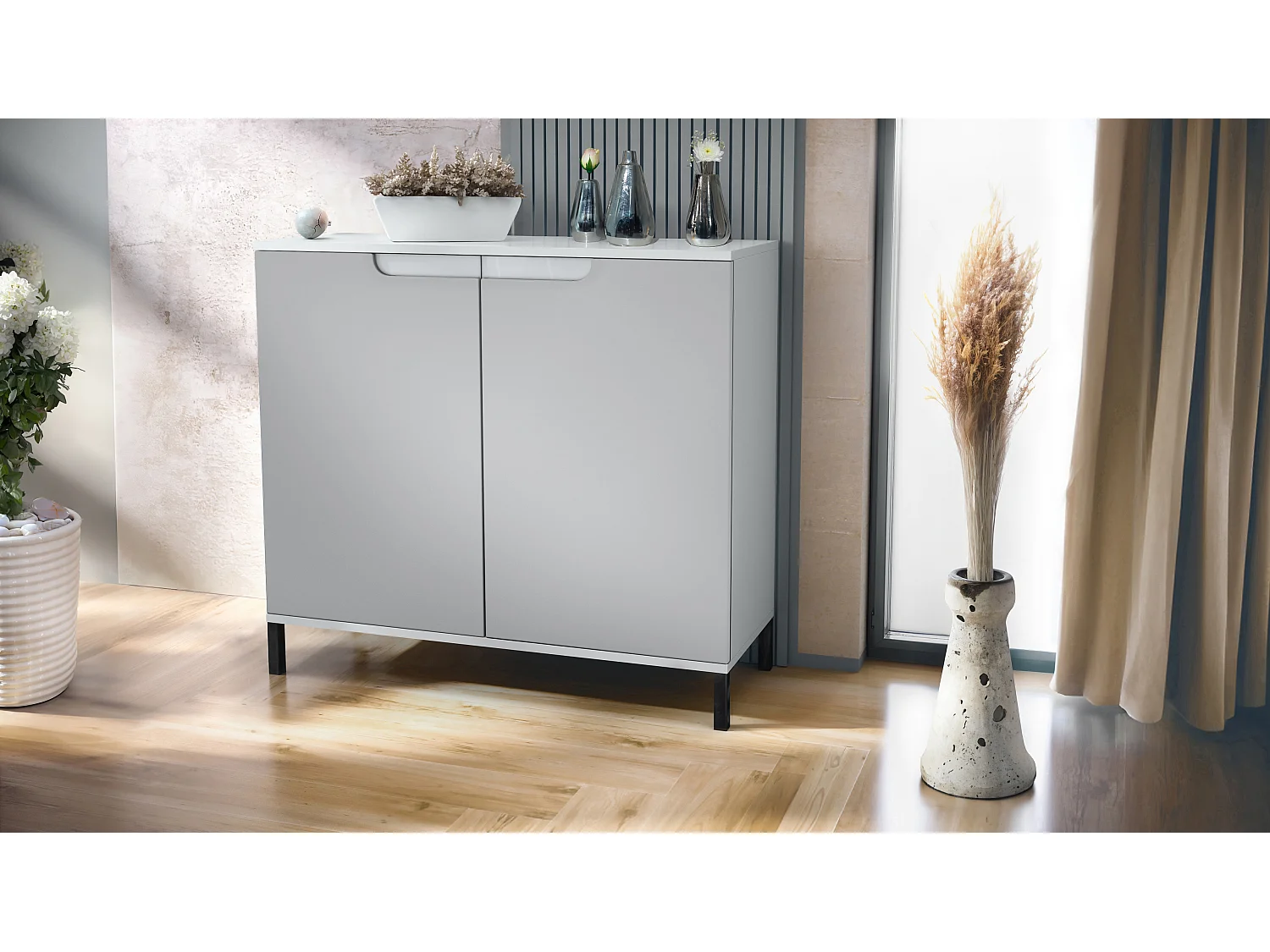 Credenza Sylt V3, Mobile da Cucina Moderno con 2 Grandi Ante bianco opaco / grigio chiaro semilucido (92,5 x 83.5 x 35)