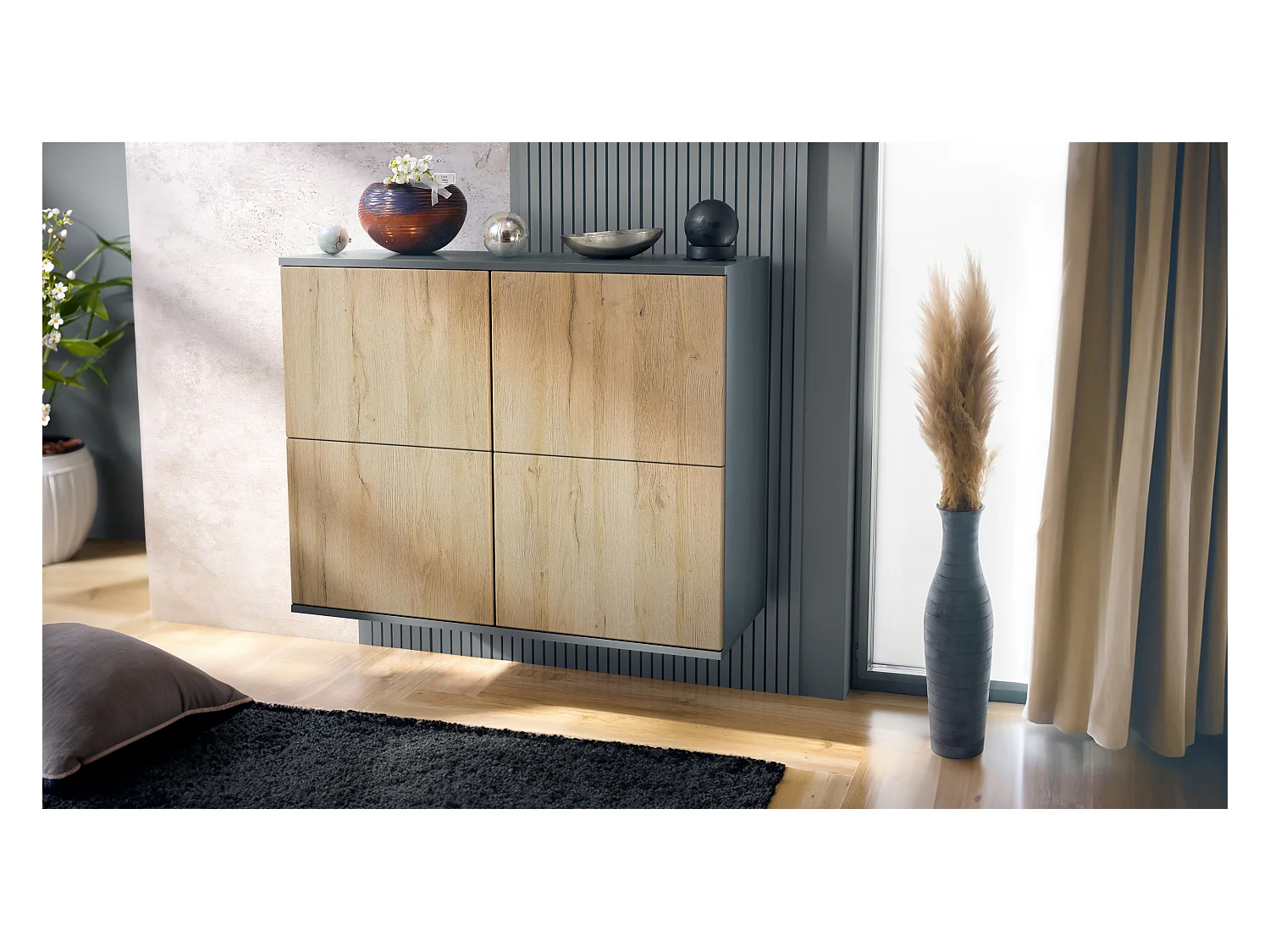 Buffet Rova V3 – Meuble de cuisine moderne avec 4 portes Push-to-Open anthracite mat / chêne nature (92,5 x 73.5 x 35)