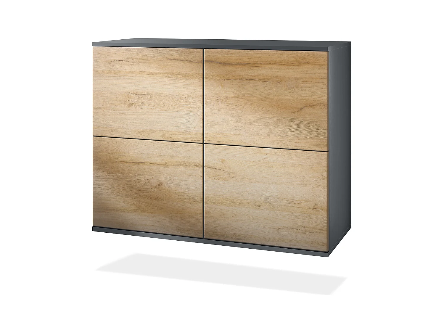 Buffet Rova V3 – Meuble de cuisine moderne avec 4 portes Push-to-Open anthracite mat / chêne nature (92,5 x 73.5 x 35)