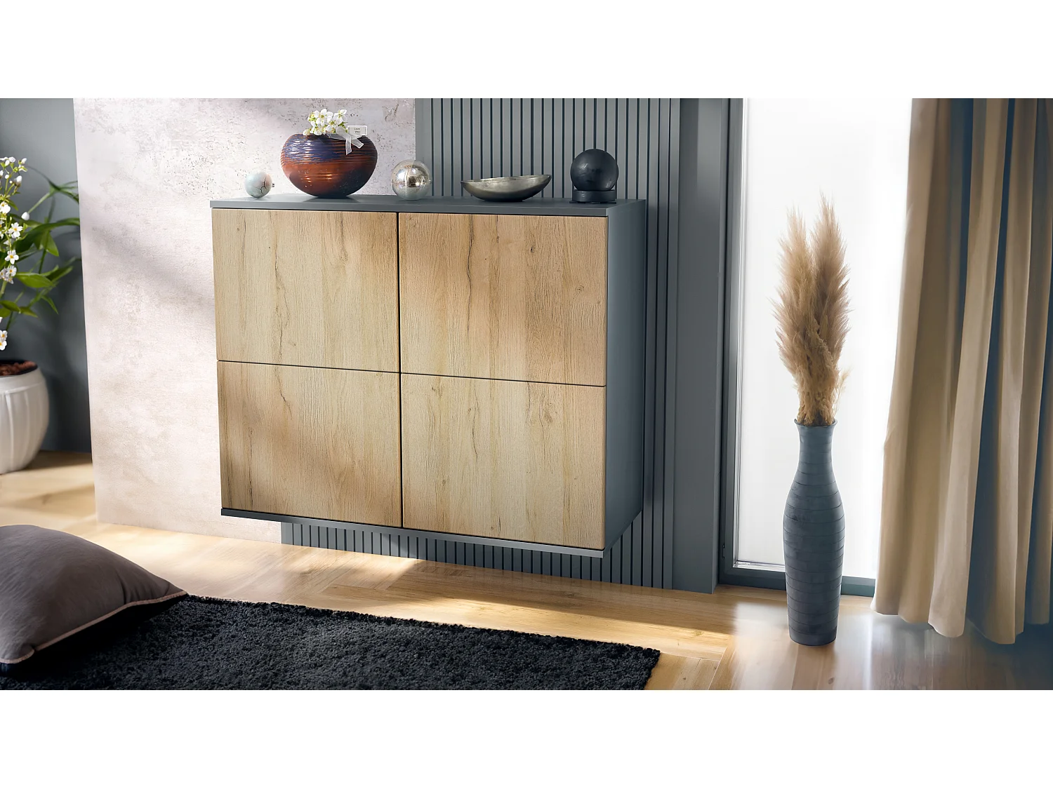 Credenza Rova V3 – Mobile da cucina moderno con 4 ante Push-to-Open antracite opaco  / rovere naturale (92,5 x 73.5 x 35)