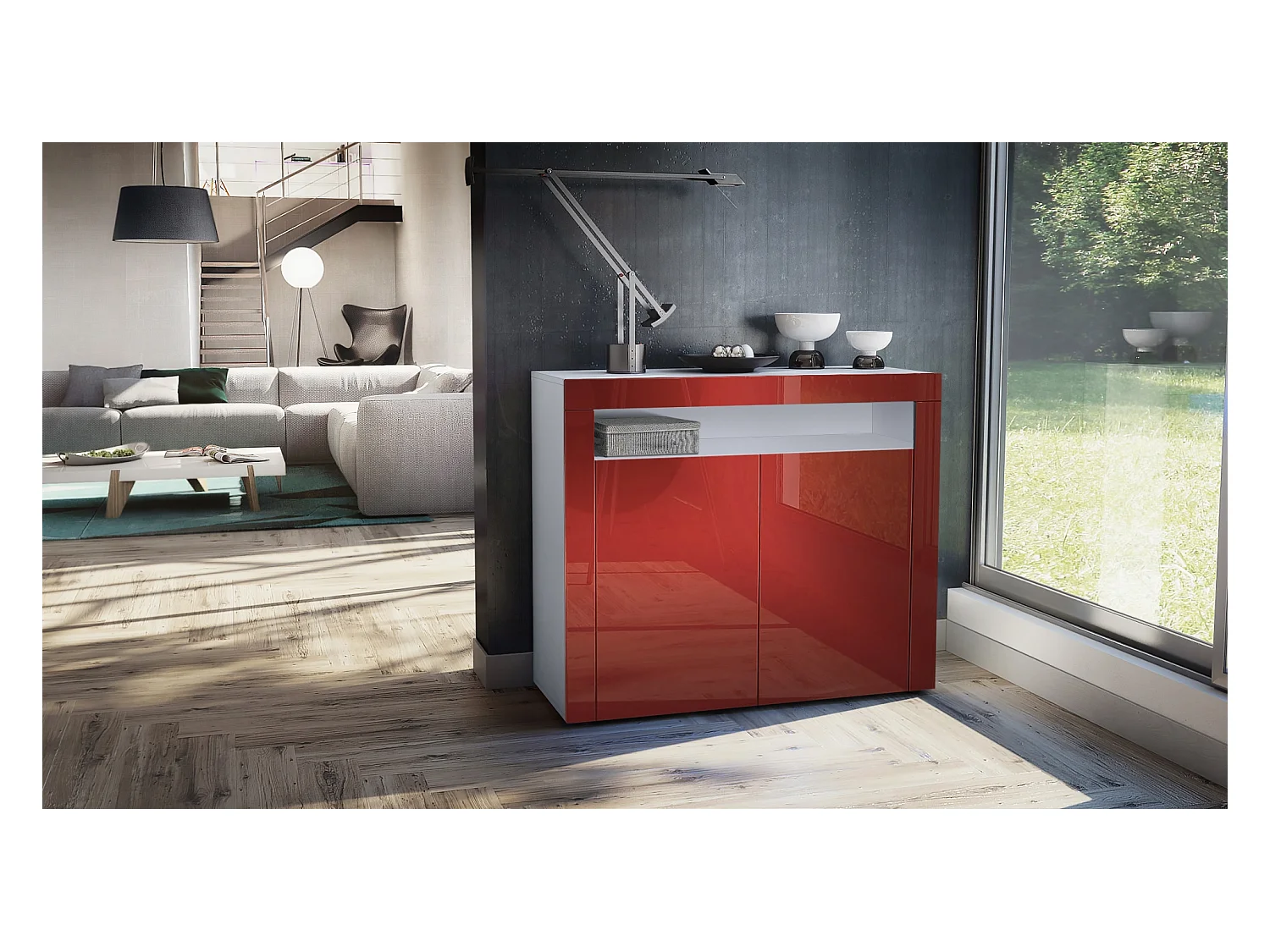 Buffet Valencia, Commode avec 2 portes et 1 compartiment ouvert, Blanc mat/bordeaux haute brillance/bordeaux haute brillance (108 x 92 x 40 cm)