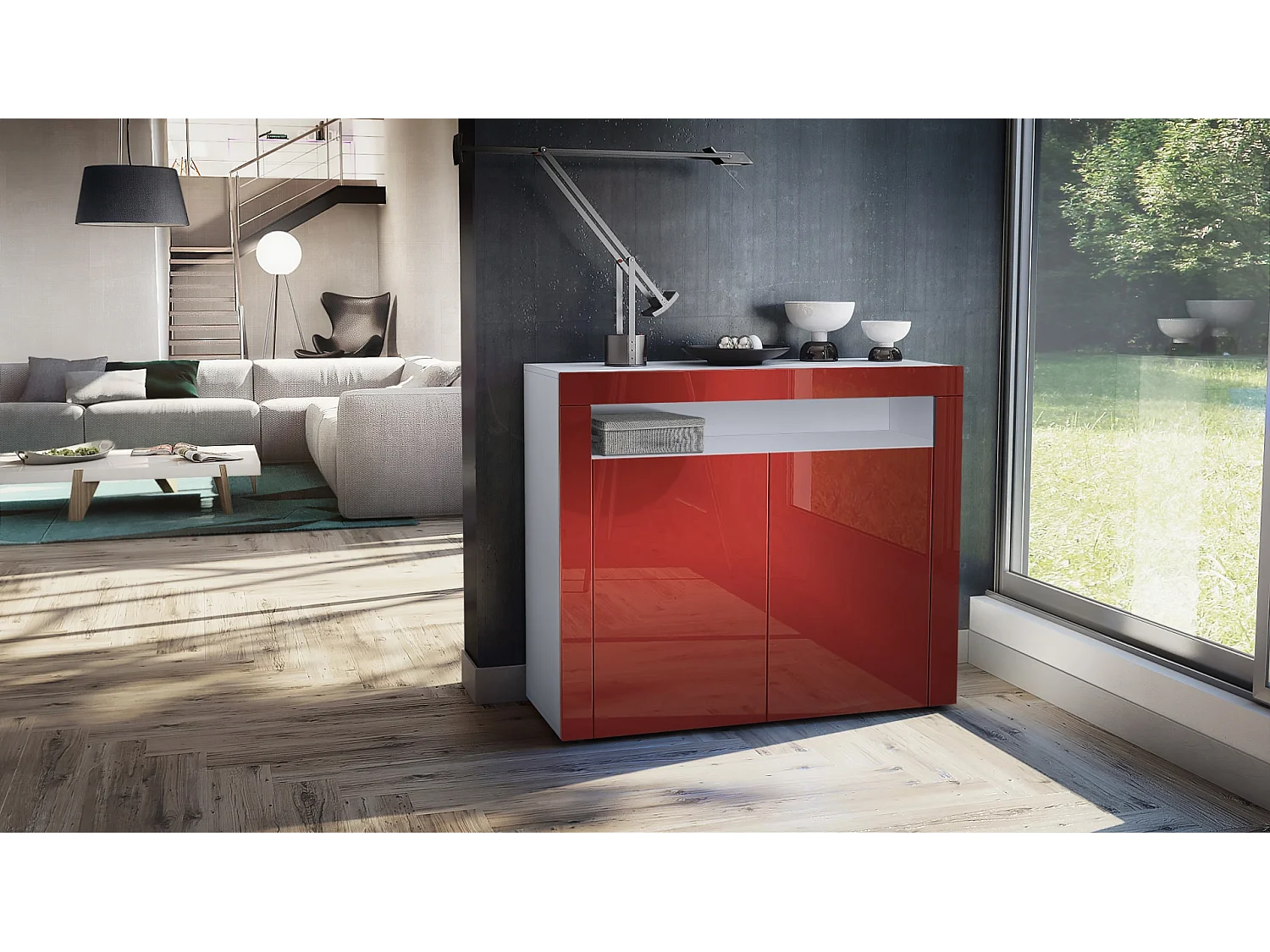 Mobiletto Valencia, credenza con 2 ante e 1 scomparto aperto, bianco opaco/bordeaux lucido/bordeaux lucido (108 x 92 x 40 cm)