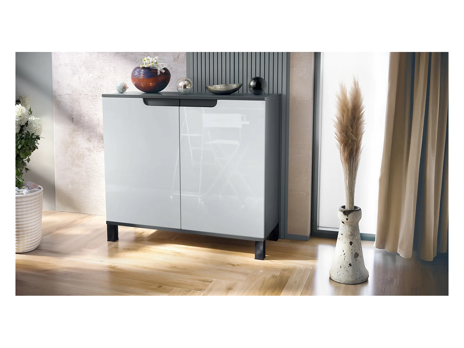 Commode Sylt V3, Buffet de Cuisine Moderne avec 2 Grandes Portes anthracite mat / blanc haute brillance (92,5 x 84.5 x 35)