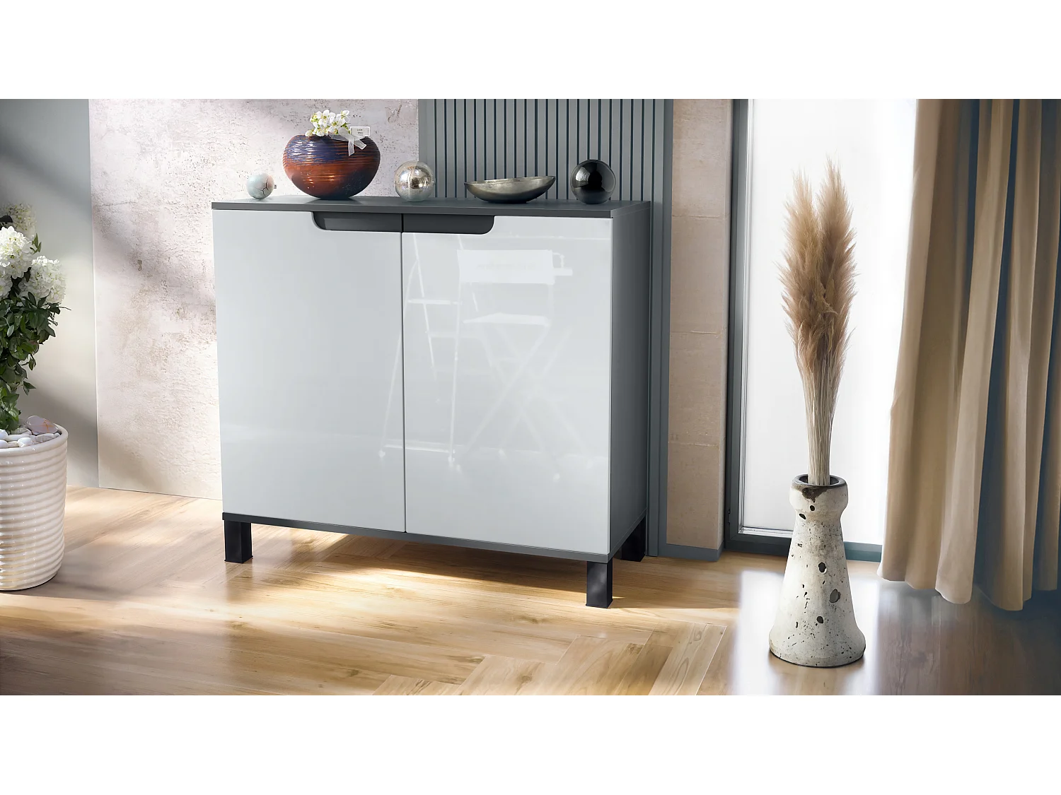 Aparador Sylt V3, Armario de Cocina Moderno con 2 Puertas Grandes antracita mate / blanco de alto brillo (92,5 x 84.5 x 35)