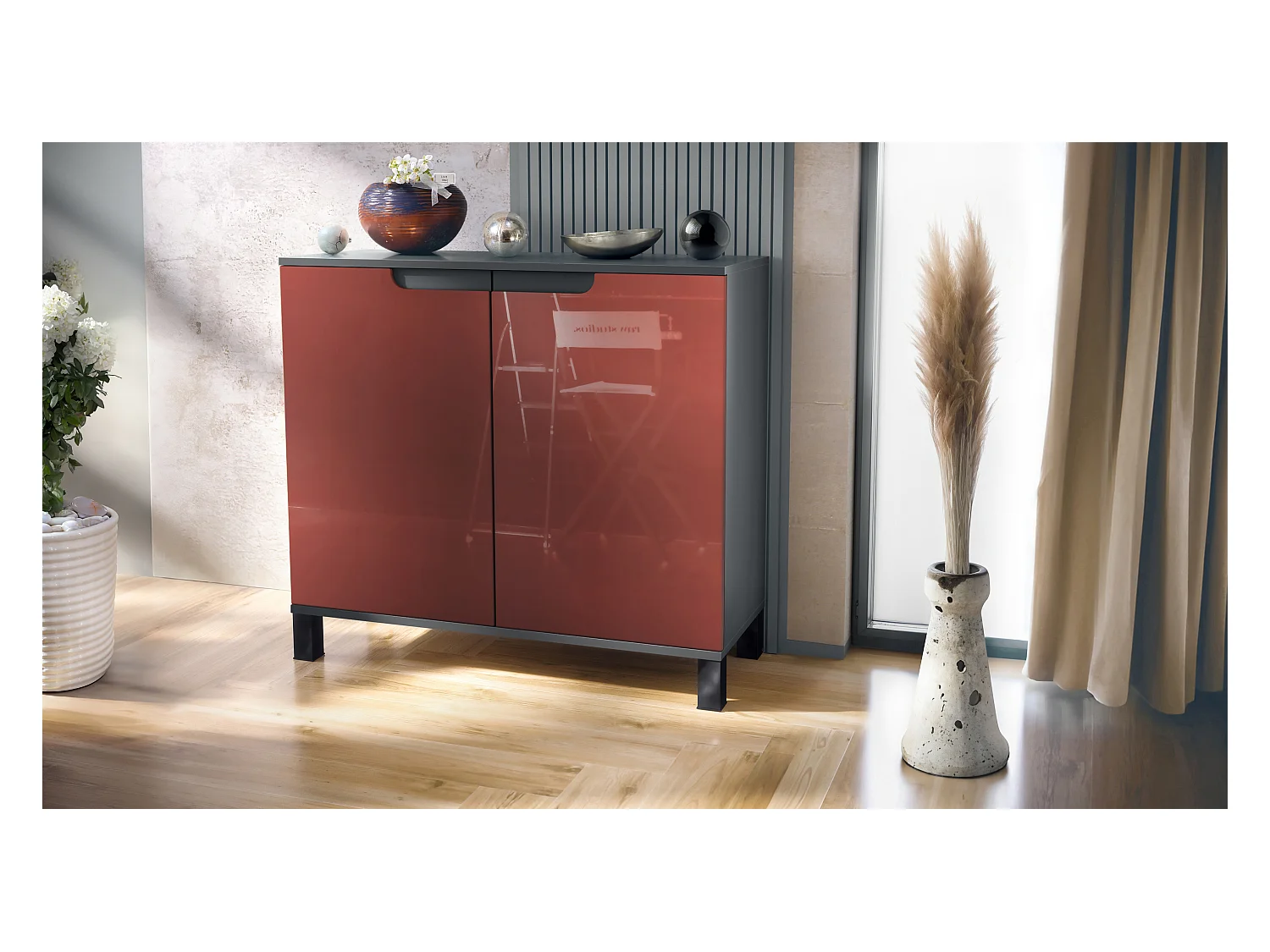 Commode Sylt V3, Buffet de Cuisine Moderne avec 2 Grandes Portes anthracite mat / bordeaux haute brillance (92,5 x 84.5 x 35)