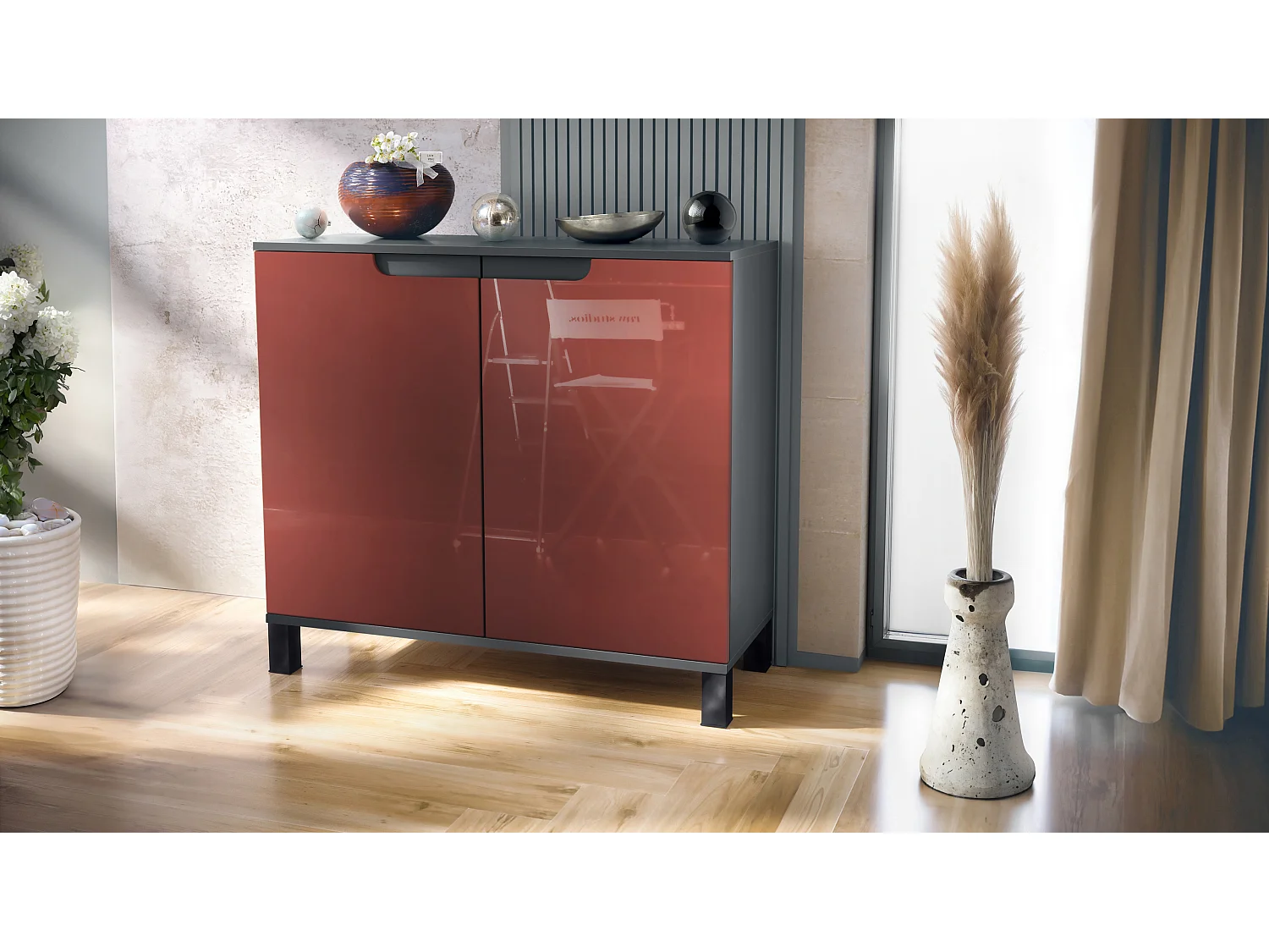 Aparador Sylt V3, Armario de Cocina Moderno con 2 Puertas Grandes antracita mate / burdeos de alto brillo (92,5 x 84.5 x 35)