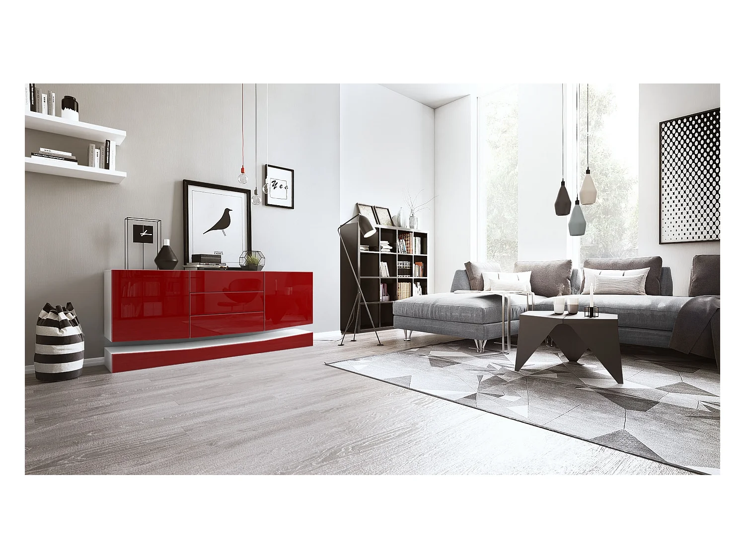 Sideboard City, blanc mat/bordeaux haute brillance - Commode moderne pour votre salon (178 x 72 x 38 cm)