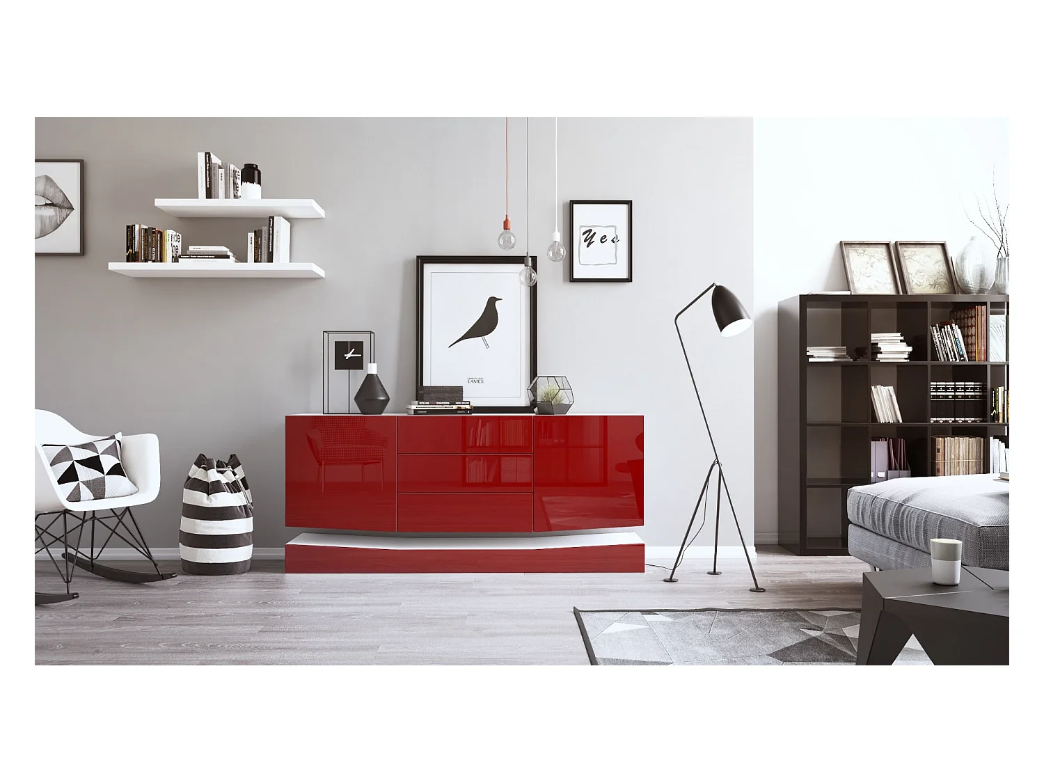 Sideboard City, blanc mat/bordeaux haute brillance - Commode moderne pour votre salon (178 x 72 x 38 cm)