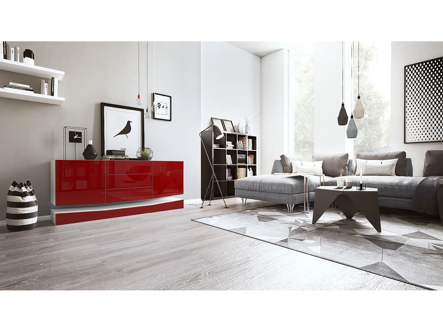 Sideboard City, blanc mat/bordeaux haute brillance - Commode moderne pour votre salon (178 x 72 x 38 cm)