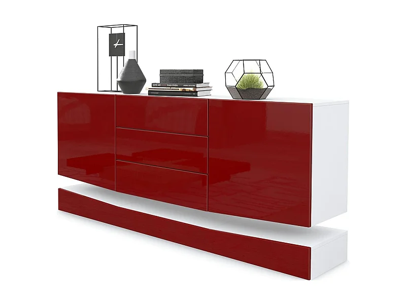 Sideboard City, blanc mat/bordeaux haute brillance - Commode moderne pour votre salon (178 x 72 x 38 cm)