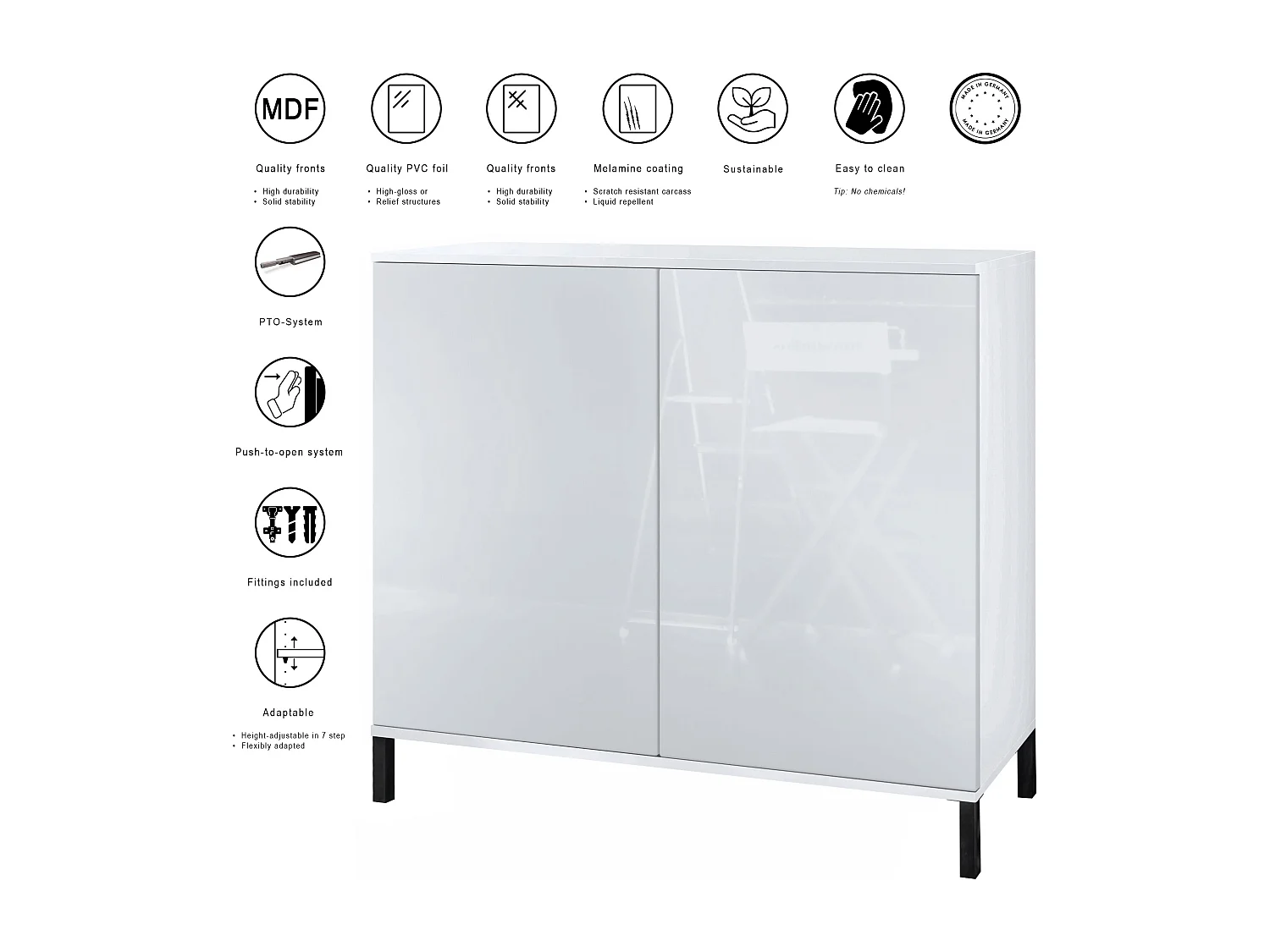 Aparador Skadu V3, Armario de Cocina Moderno con 2 Puertas Grandes blanco mate / blanco de alto brillo (92,5 x 83.5 x 35)