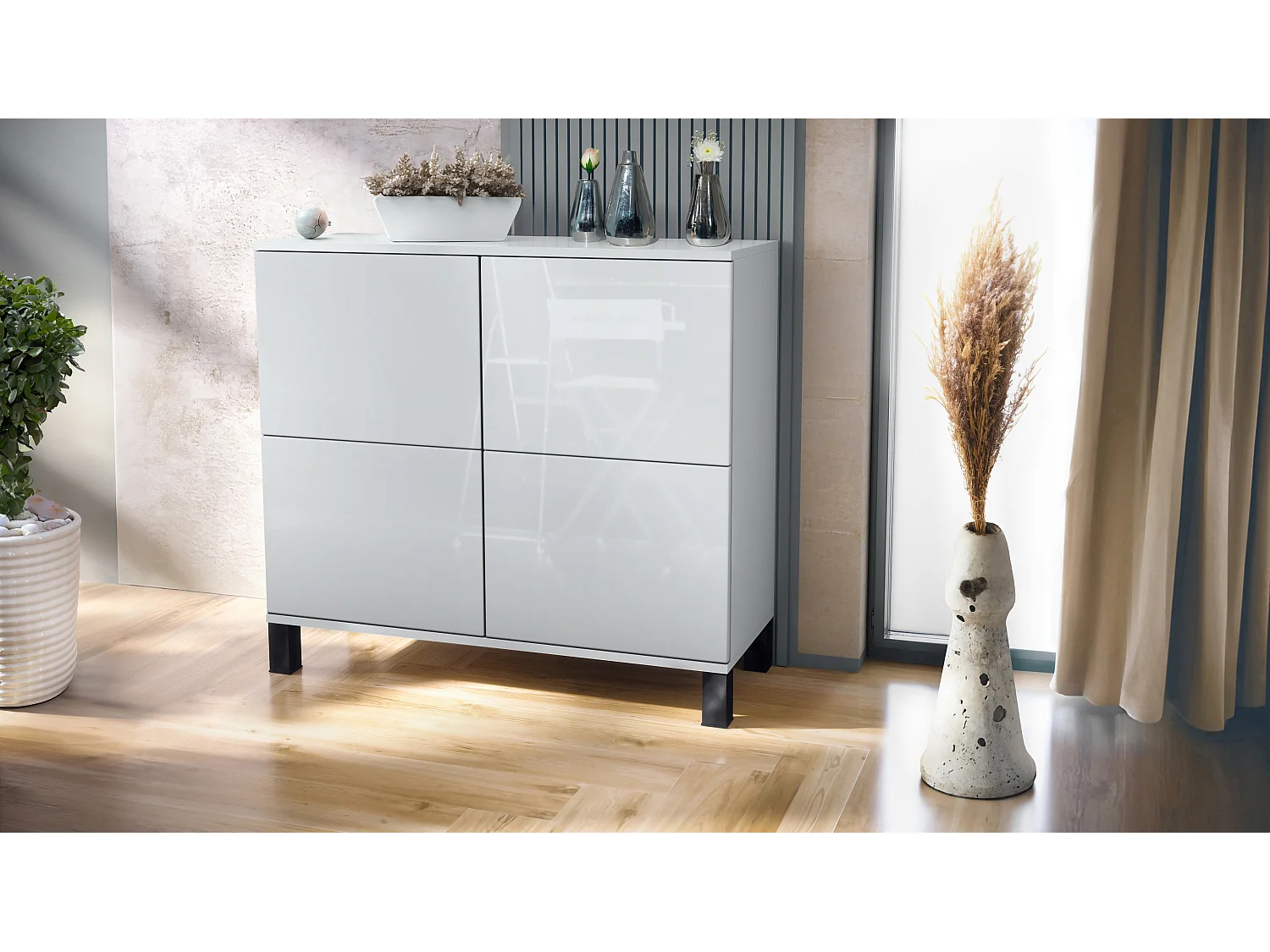 Credenza Rova V3 – Mobile da cucina moderno con 4 ante Push-to-Open bianco opaco / bianco lucido (92,5 x 84.5 x 35)