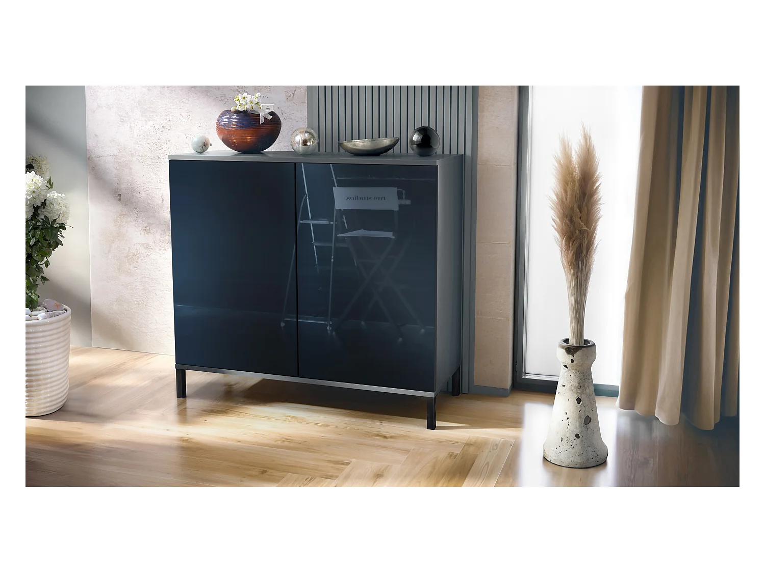 Commode Skadu V3, Buffet de Cuisine Moderne avec 2 Grandes Portes anthracite mat / noir haute brillance (92,5 x 83.5 x 35)