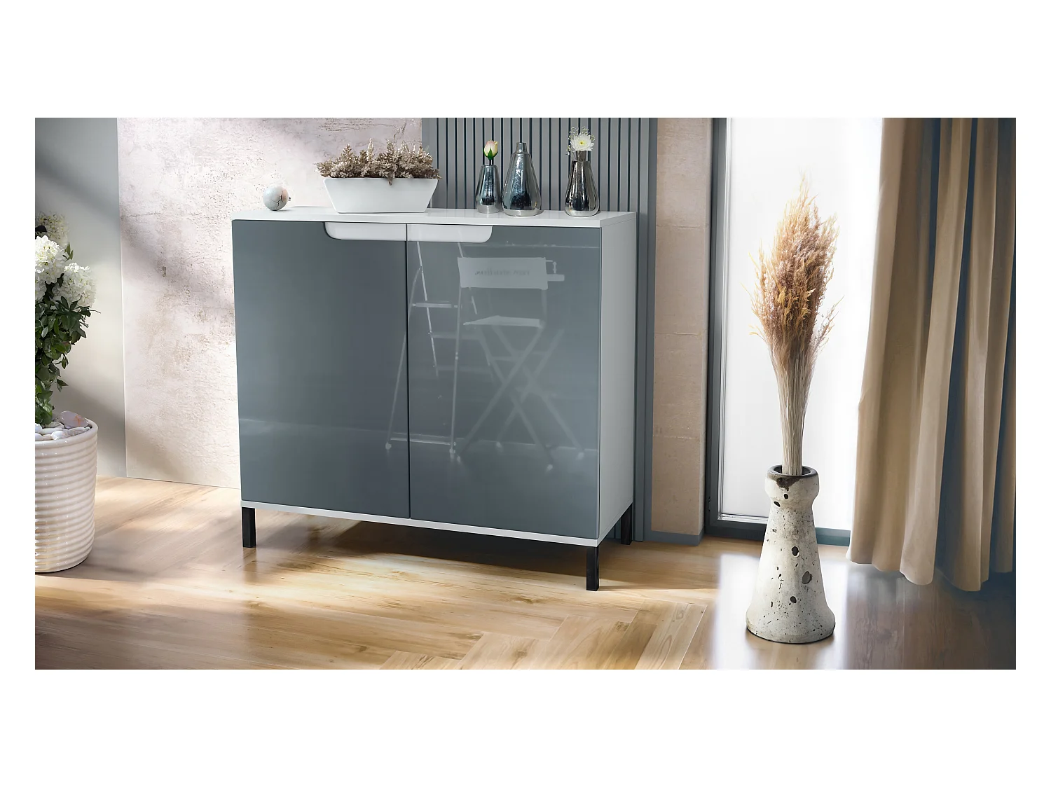 Commode Sylt V3, Buffet de Cuisine Moderne avec 2 Grandes Portes blanc mat / gris haute brillance (92,5 x 83.5 x 35)