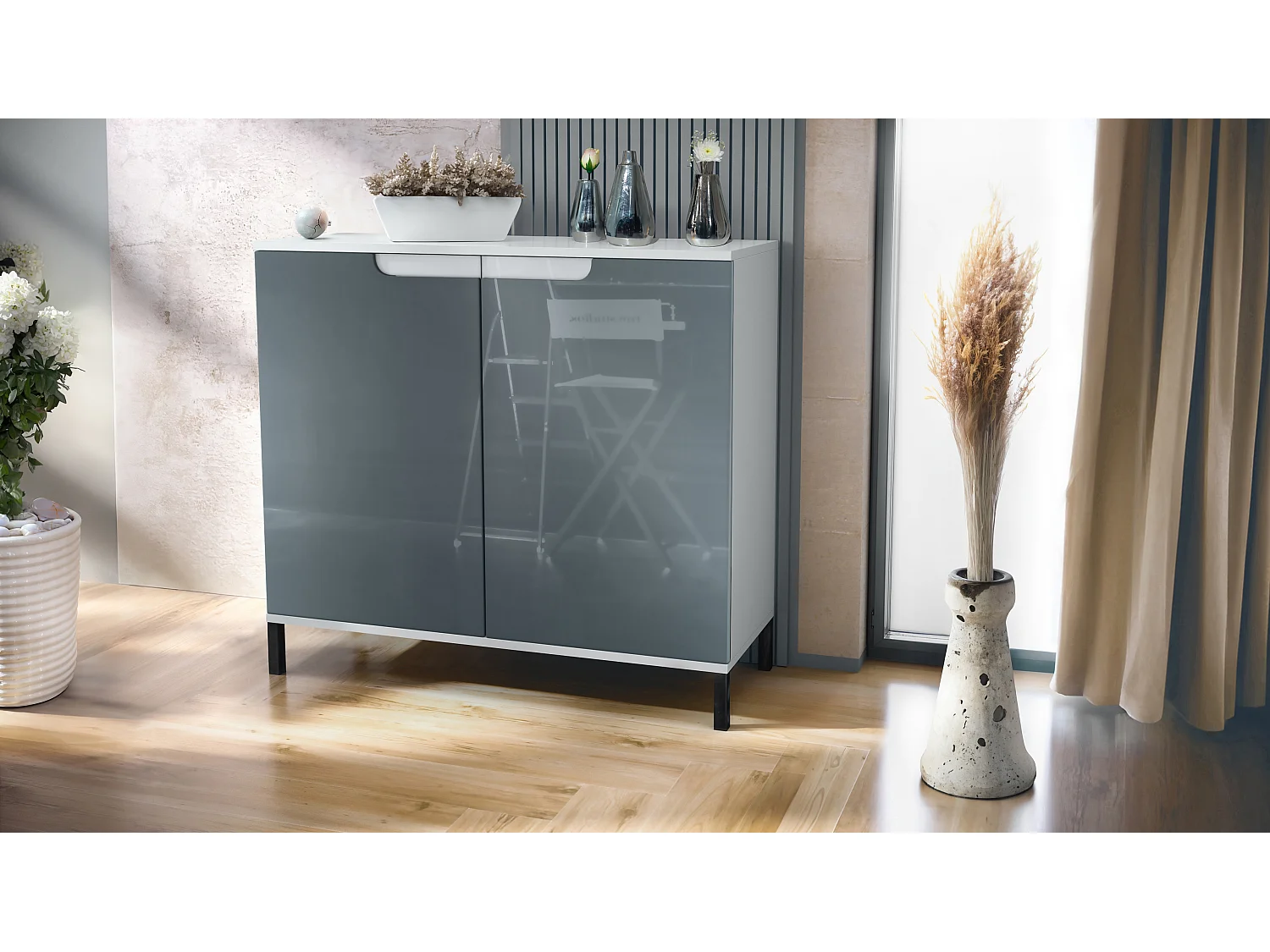 Credenza Sylt V3, Mobile da Cucina Moderno con 2 Grandi Ante bianco opaco / grigio lucido (92,5 x 83.5 x 35)