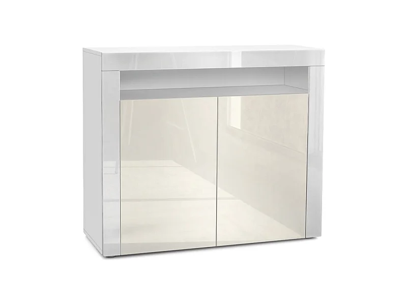 Buffet Valencia, Commode avec 2 portes et 1 compartiment ouvert, Blanc mat/crème haute brillance/blanc haute brillance (108 x 92 x 40 cm)