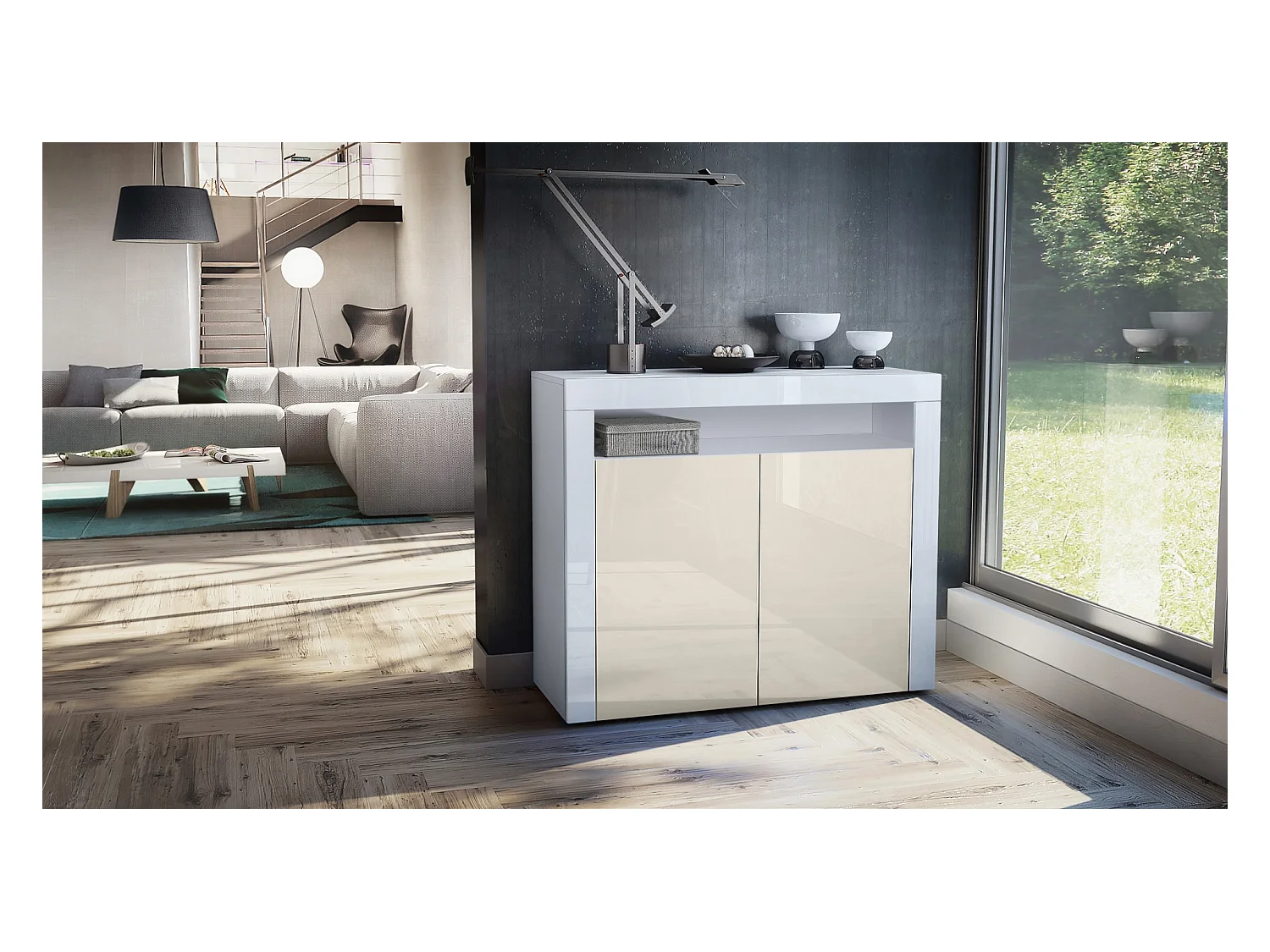 Buffet Valencia, Commode avec 2 portes et 1 compartiment ouvert, Blanc mat/crème haute brillance/blanc haute brillance (108 x 92 x 40 cm)