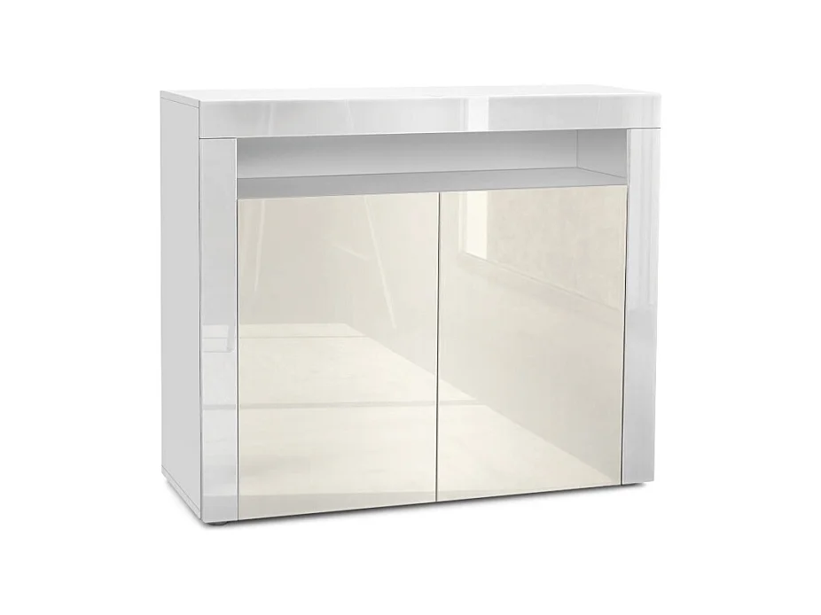 Buffet Valencia, Commode avec 2 portes et 1 compartiment ouvert, Blanc mat/crème haute brillance/blanc haute brillance (108 x 92 x 40 cm)