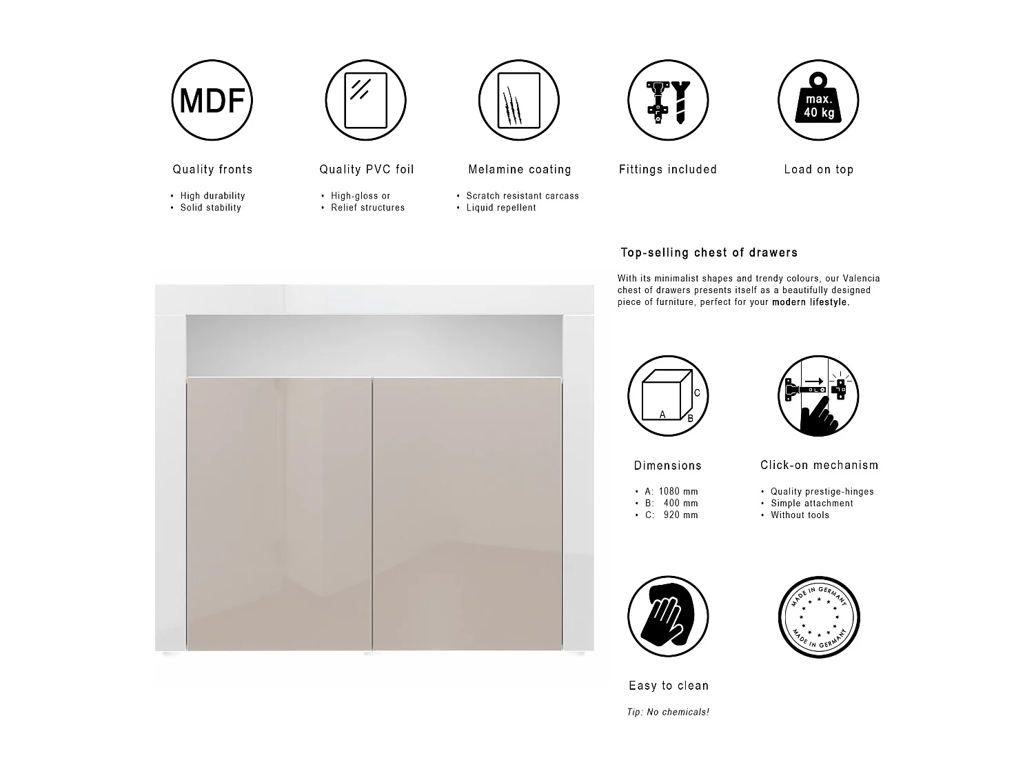 Mobiletto Valencia, credenza con 2 ante e 1 scomparto aperto, bianco opaco/beige lucido/bianco lucido (108 x 92 x 40 cm)