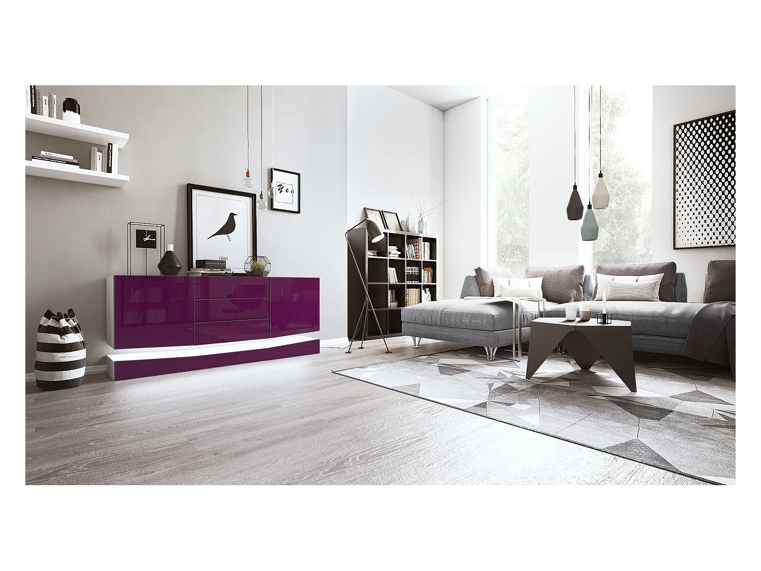 Sideboard City, blanc mat/mûre haute brillance y compris LED - Commode moderne pour votre salon (178 x 72 x 38 cm)