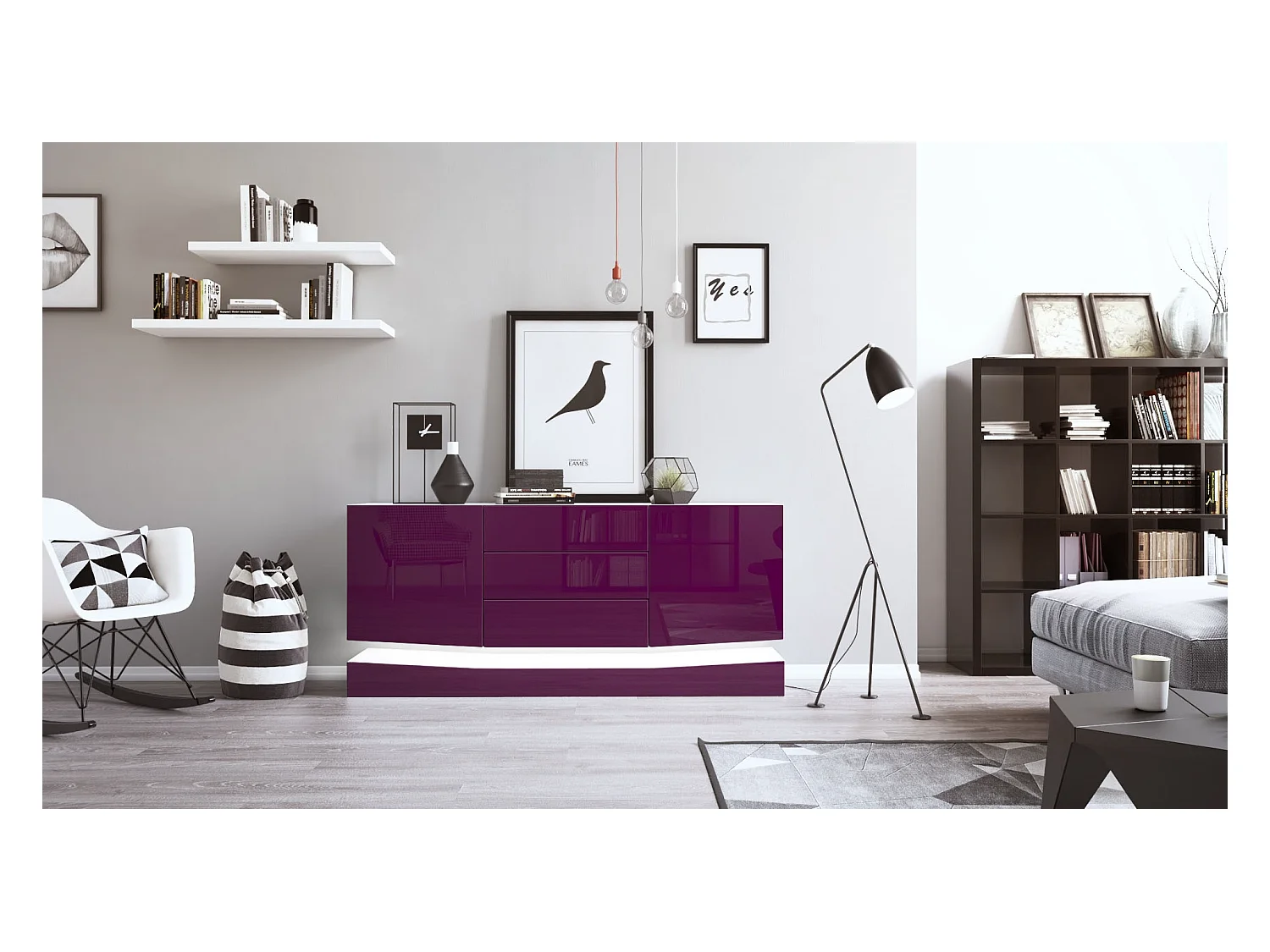 Sideboard City, blanc mat/mûre haute brillance y compris LED - Commode moderne pour votre salon (178 x 72 x 38 cm)