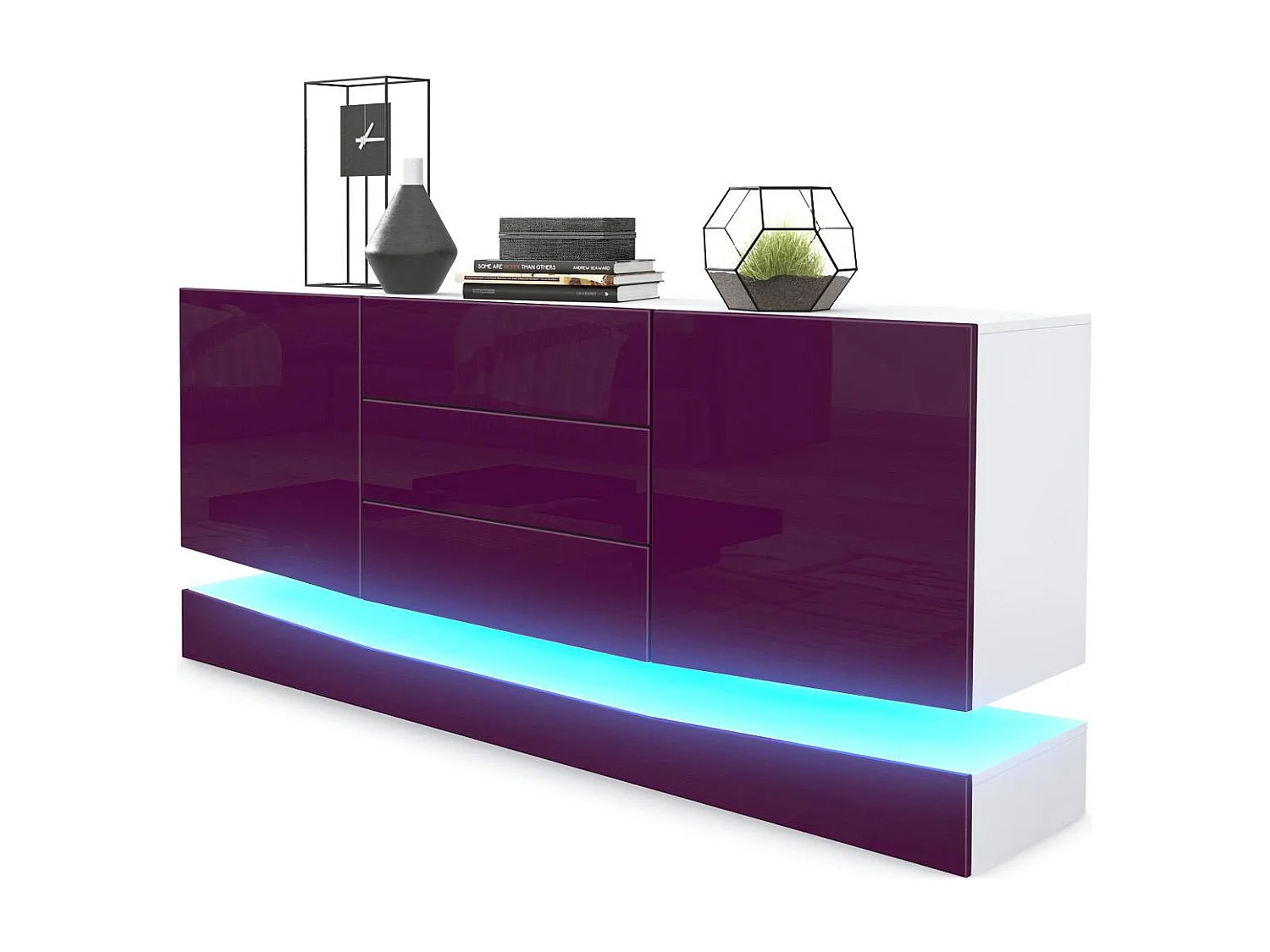Vladon Sideboard City, bianco opaco/violetto porpora lucido incl. LED - Cassettiera moderna per la zona giorno (178 x 72 x 38 cm)