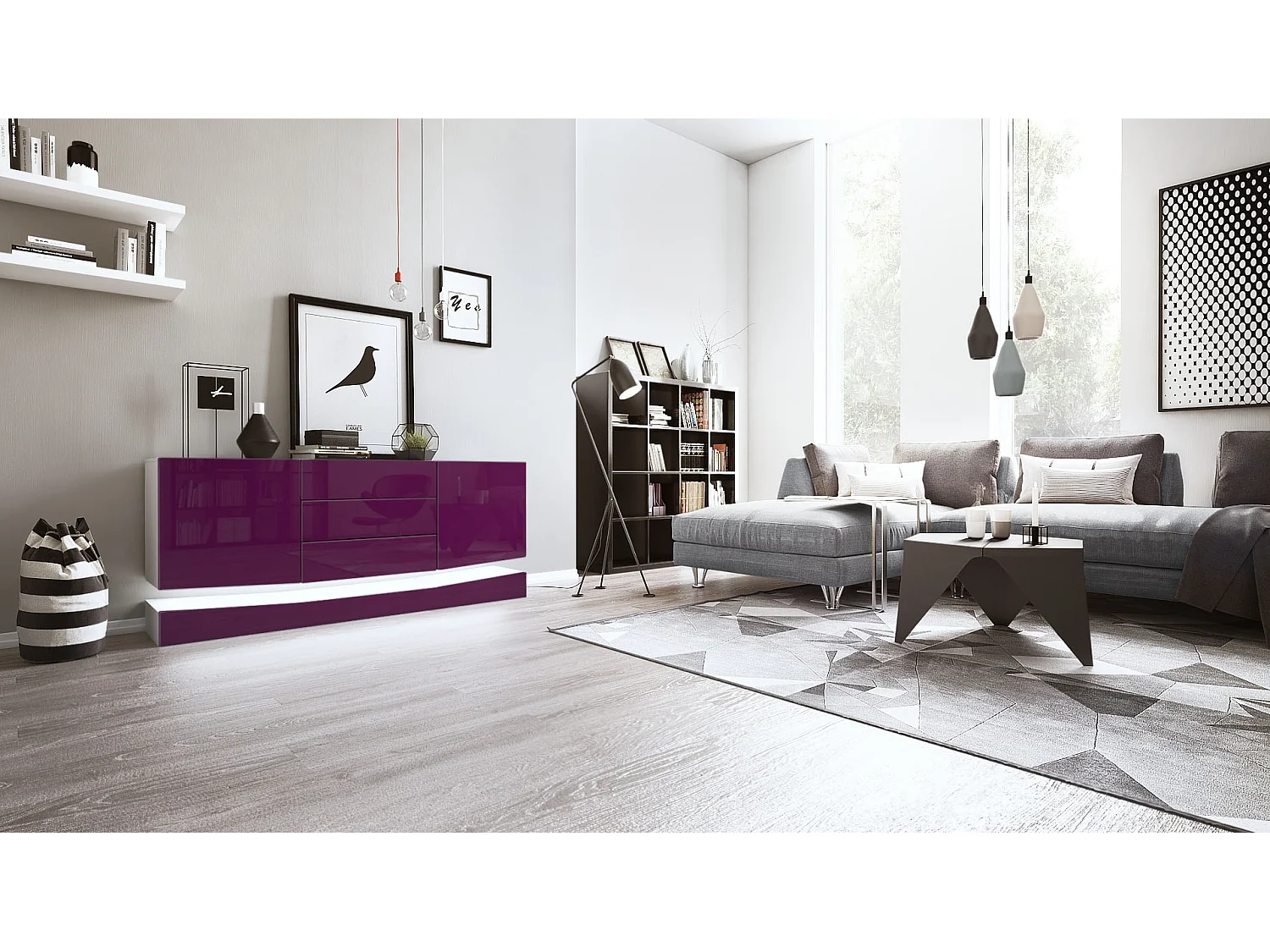 Vladon Sideboard City, bianco opaco/violetto porpora lucido incl. LED - Cassettiera moderna per la zona giorno (178 x 72 x 38 cm)
