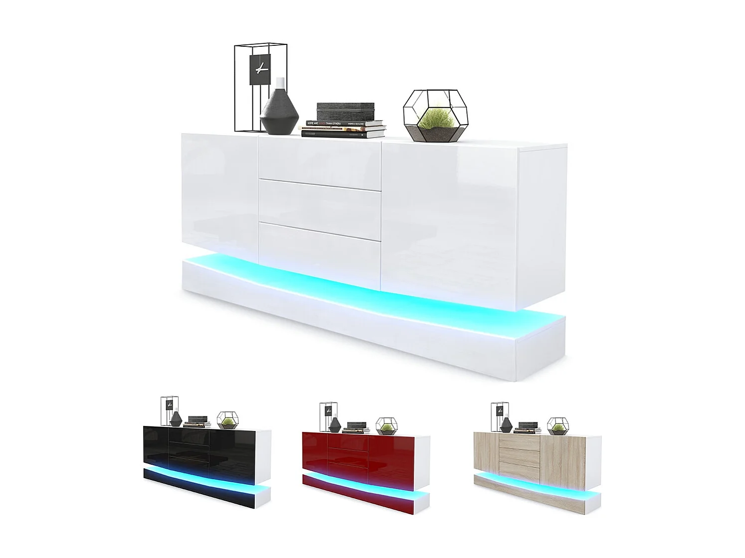 Vladon Sideboard City, bianco opaco/violetto porpora lucido incl. LED - Cassettiera moderna per la zona giorno (178 x 72 x 38 cm)