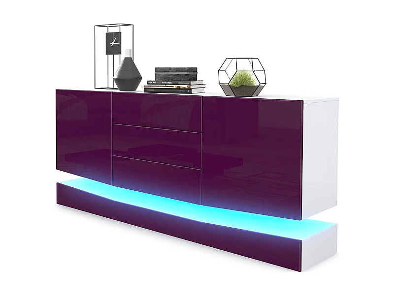 Sideboard City, blanc mat/mûre haute brillance y compris LED - Commode moderne pour votre salon (178 x 72 x 38 cm)