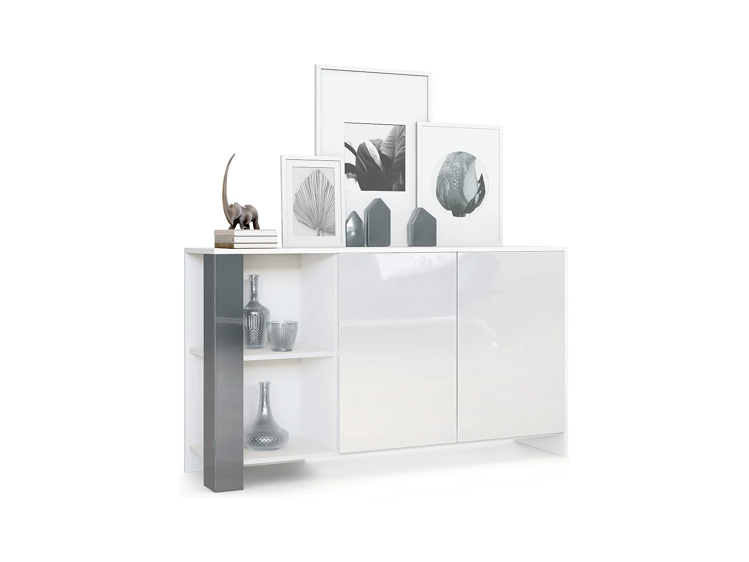Buffet Canto, long bahut avec 2 portes et 6 compartiments, corps blanc mat, façades blanc brillant, panneaux décoratifs gris haute brillance (143 x 81 x 36 cm)
