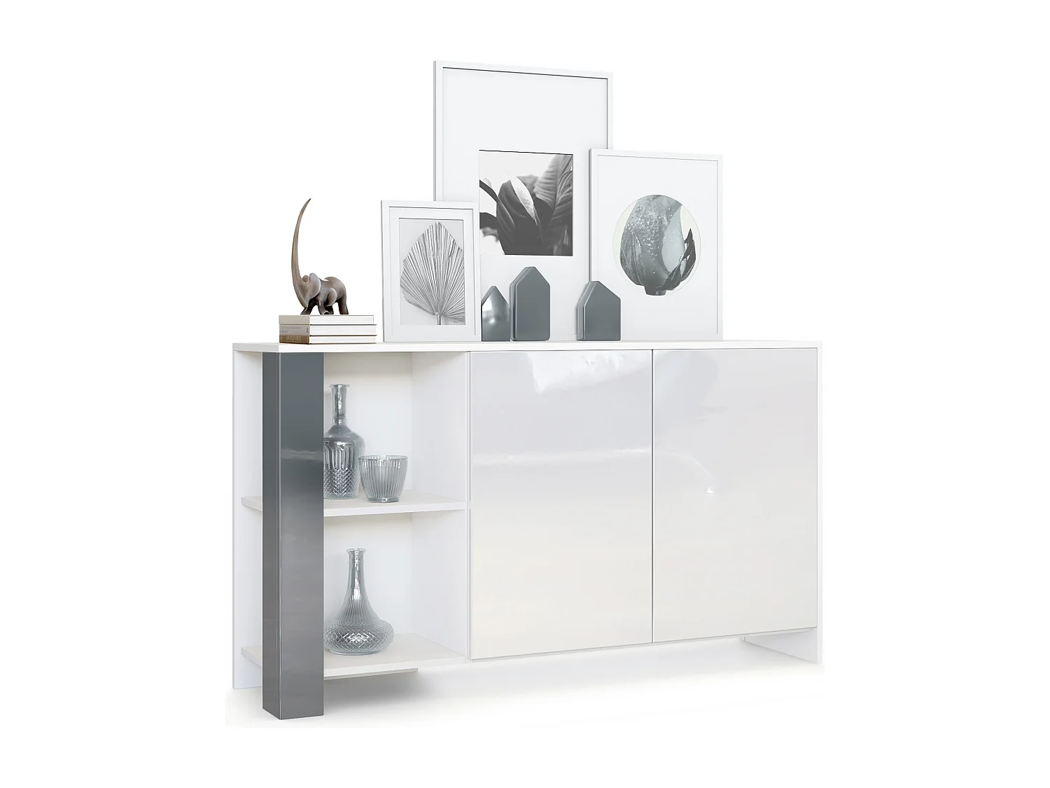 Credenza Canto, credenza lunga a 2 ante e 6 vani, mobile bianco opaco, frontali bianchi lucidi, pannelli decorativi grigio lucido (143 x 81 x 36 cm)